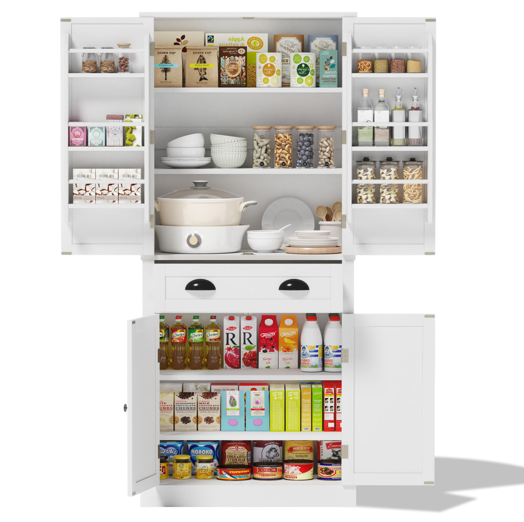 BUFFETSCHRANK, Vorratsschrank mit 4 Türen & 1 Schublade, 4 verstellbare Einlegeböden, Holzwerkstoff, 80/40/182 cm, Weiß - Weiß, Holzwerkstoff (80/182/40cm) - Modfu