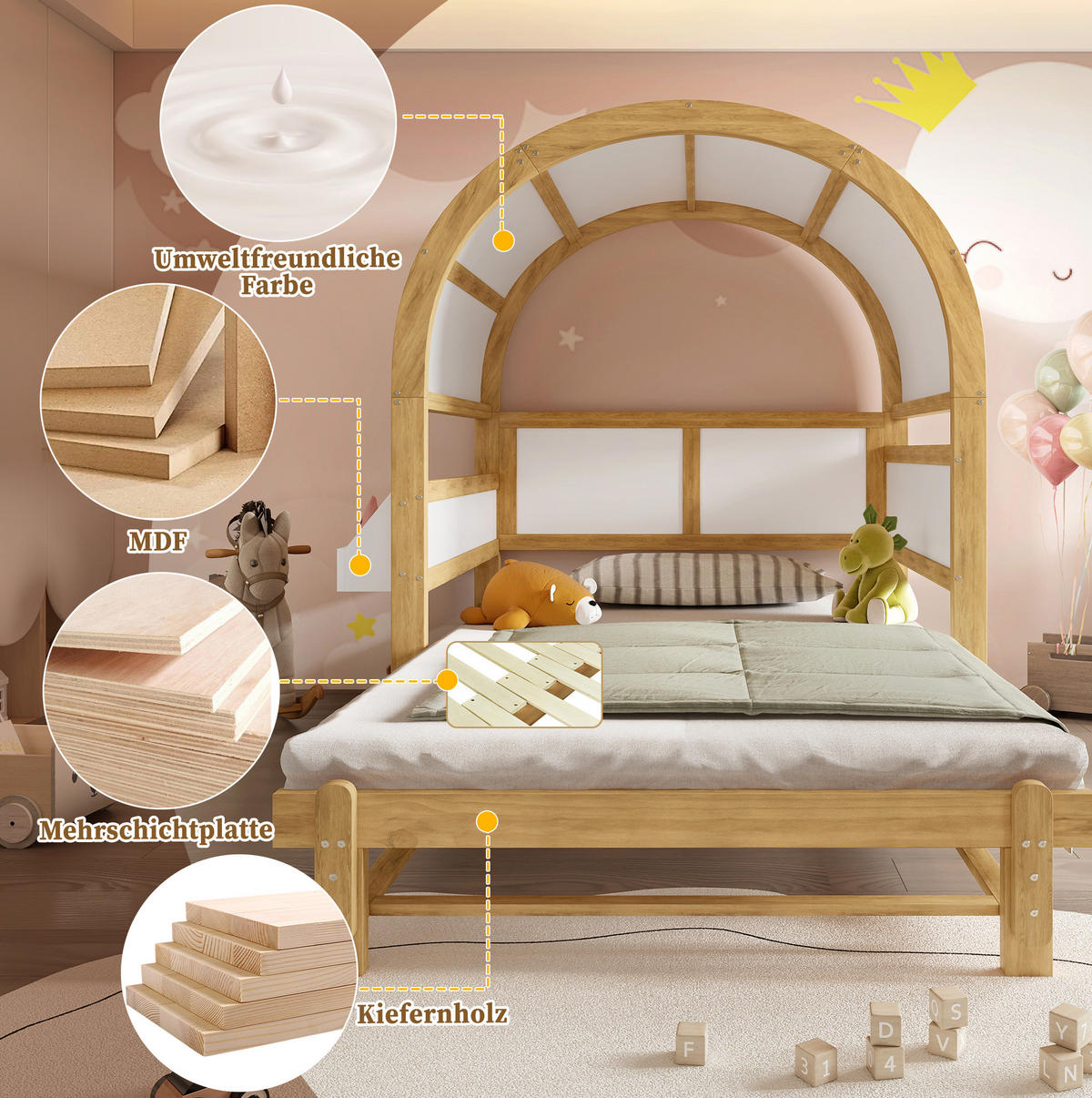 KINDERBETT 140/200 cm Weiß/Natur aus Kiefer und MDF mit Ausziehbett - Weiß, Holzwerkstoff (140/200cm) - OKMYHOME