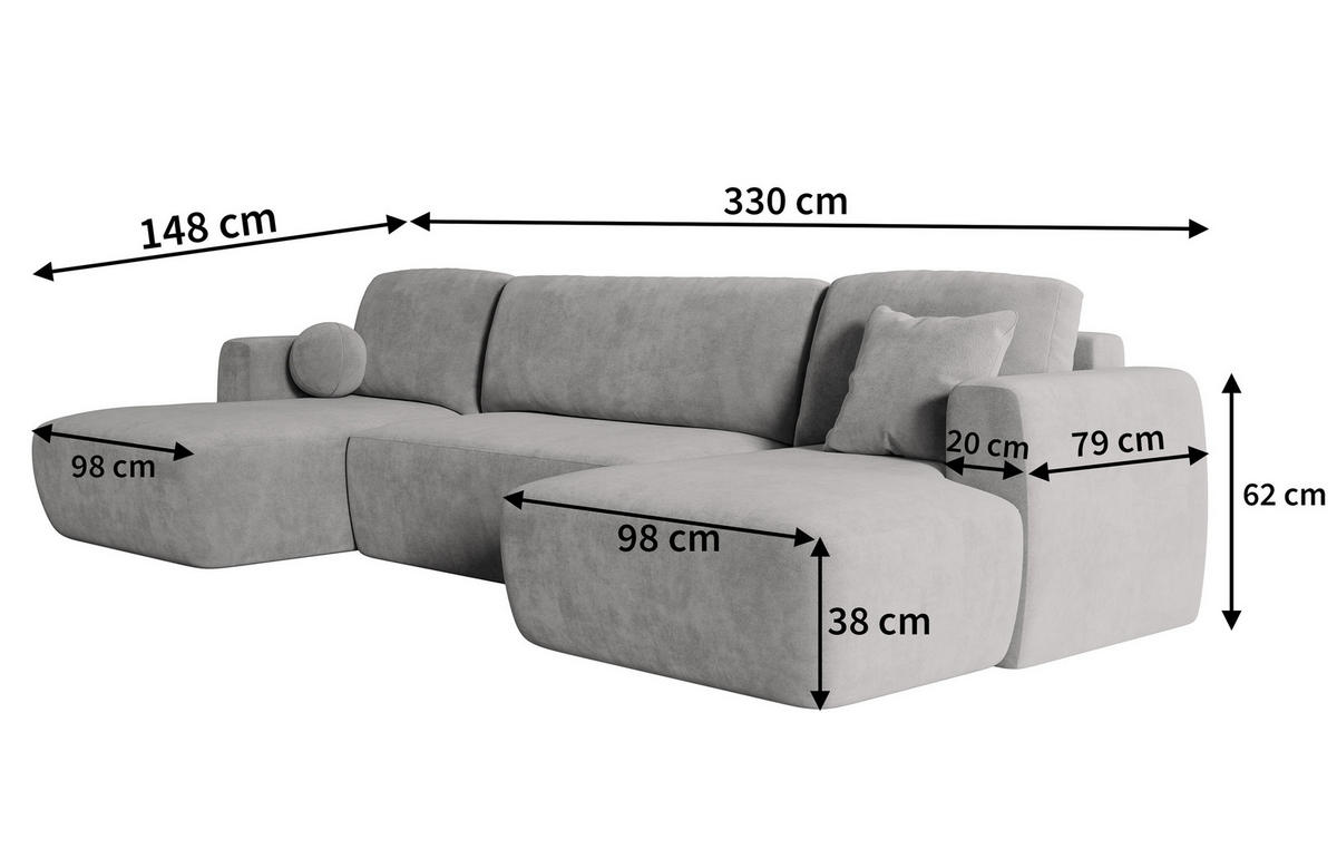 WOHNLANDSCHAFT SENTUM K Hellgrau Plüsch-Stoff mit Schlaffunktion - Hellgrau, Holz (330/90/148cm) - MASSENO