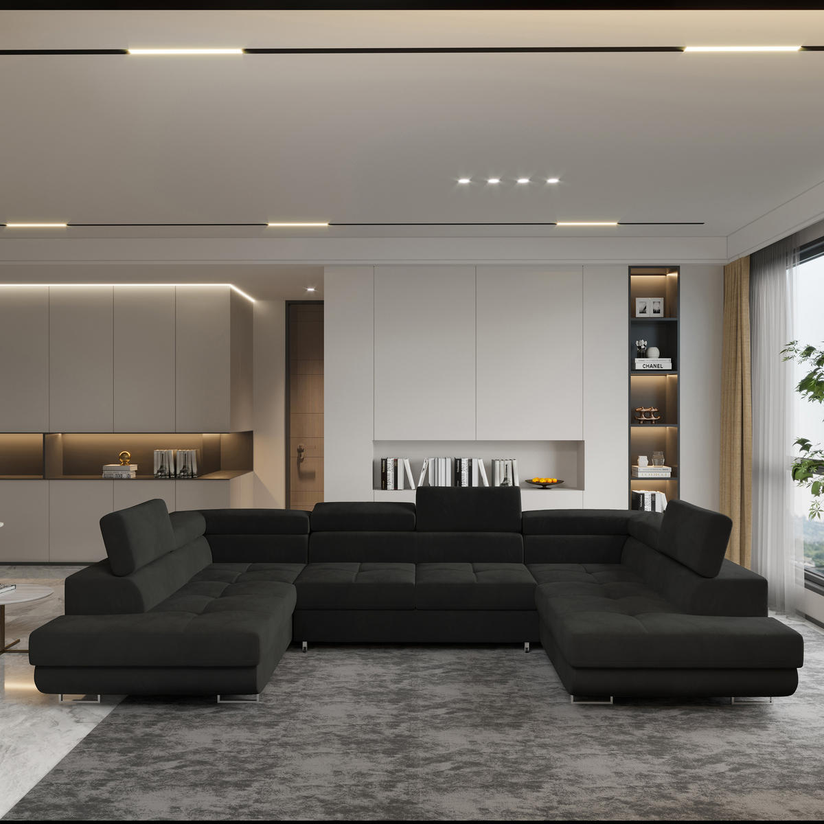 ROHOVÁ SEDAČKA RAGGIO černá - stříbrná/černá, kov/dřevo (336/202cm) - MASSENO