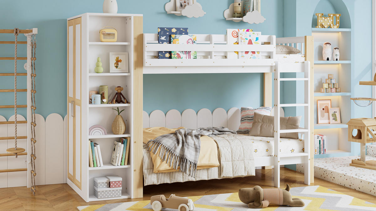 ETAGENBETT 90x200 cm Regal Schrank Stauraum - Weiß, Holz (90/200cm) - LEBENLANG