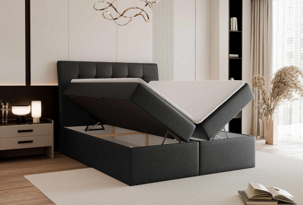 BOXBETT BAILEY 200/200 cm mit Matratze und Topper, Schwarz - Schwarz, Textil/Metall (200/200cm) - Idohome