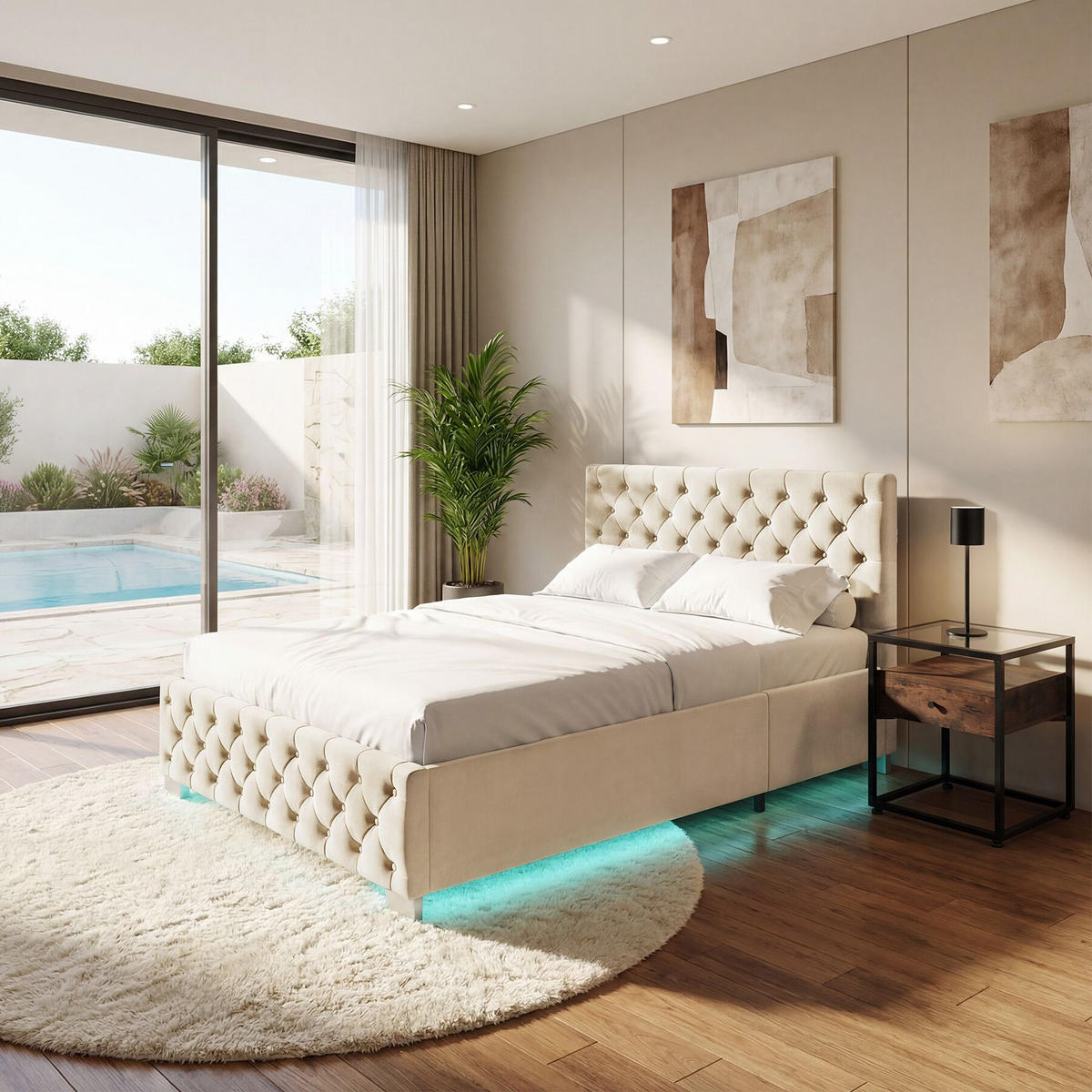 POLSTERBETT Sedona, großer Stauraum, Samtoptik sand - Gelb/Samtahornfarben, Holz (120/200cm) - tectake