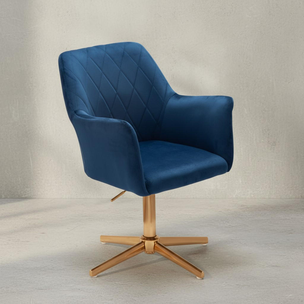 DREHSTUHL Samt mit Armlehnen Eisengestell 360° Funktion, Blau 97x55x55 cm - Blau/Goldfarben, Textil/Metall (97/55/55cm) - KADIMA DESIGN