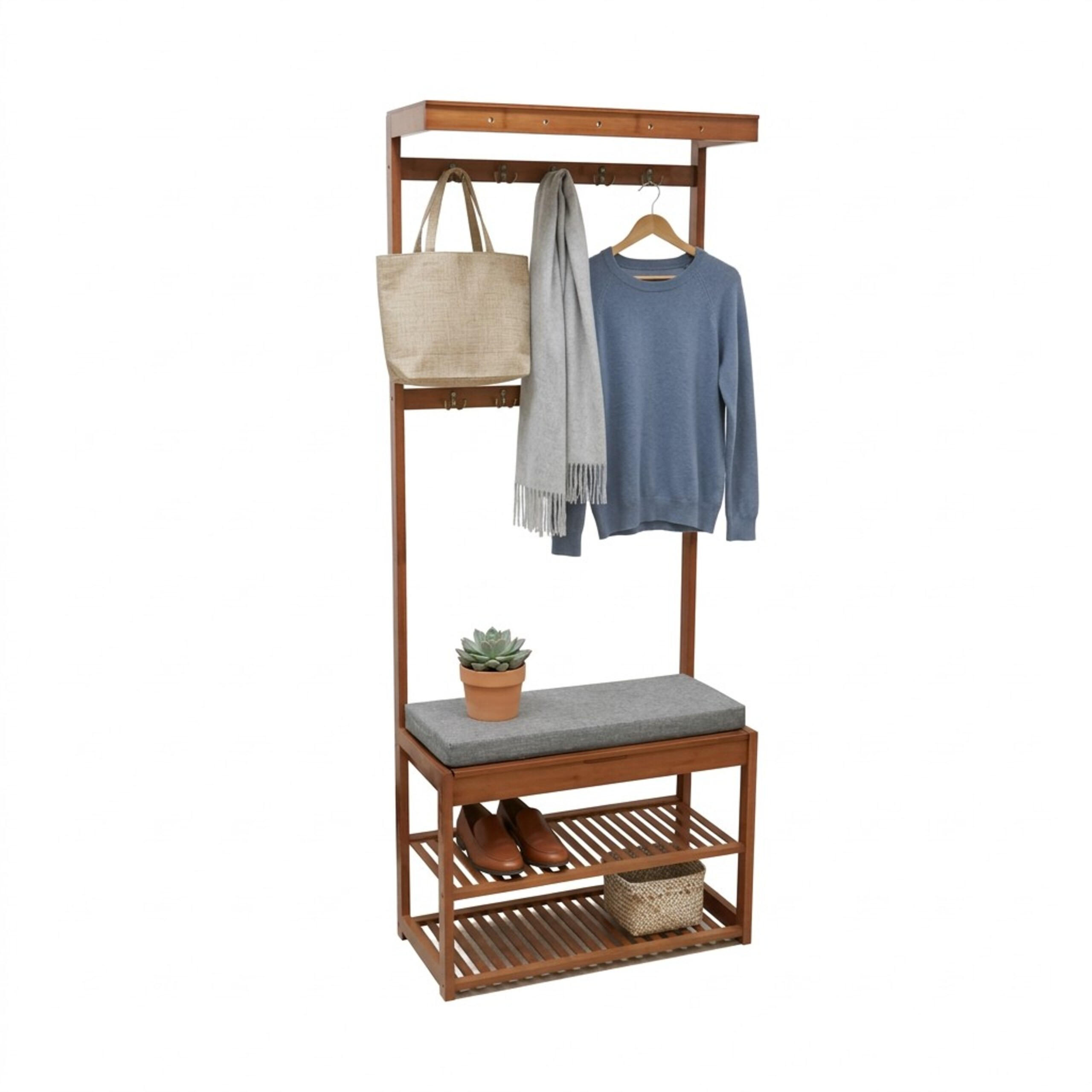 KLÄDSTÄLLNING Valnöt bambu med sittbänk 10 krokar Brun 175/70/33 cm