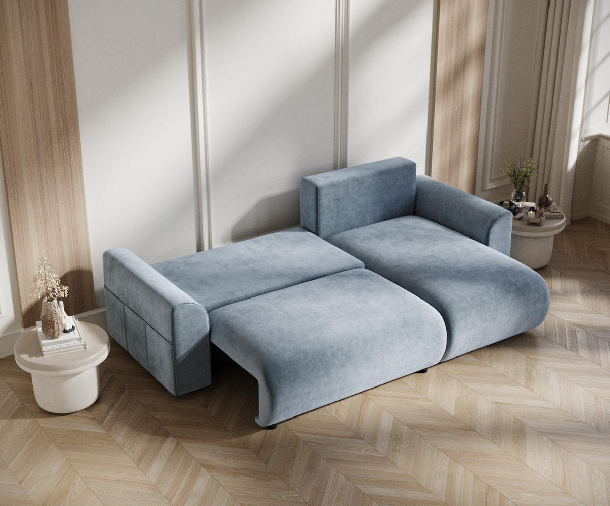 ECKSOFA MIT SCHLAFFUNKTION Bodega Blau Grau Samtstoff - Blaugrau/Schwarz, Holz/Holzwerkstoff (235/138cm) - Maison de Reve