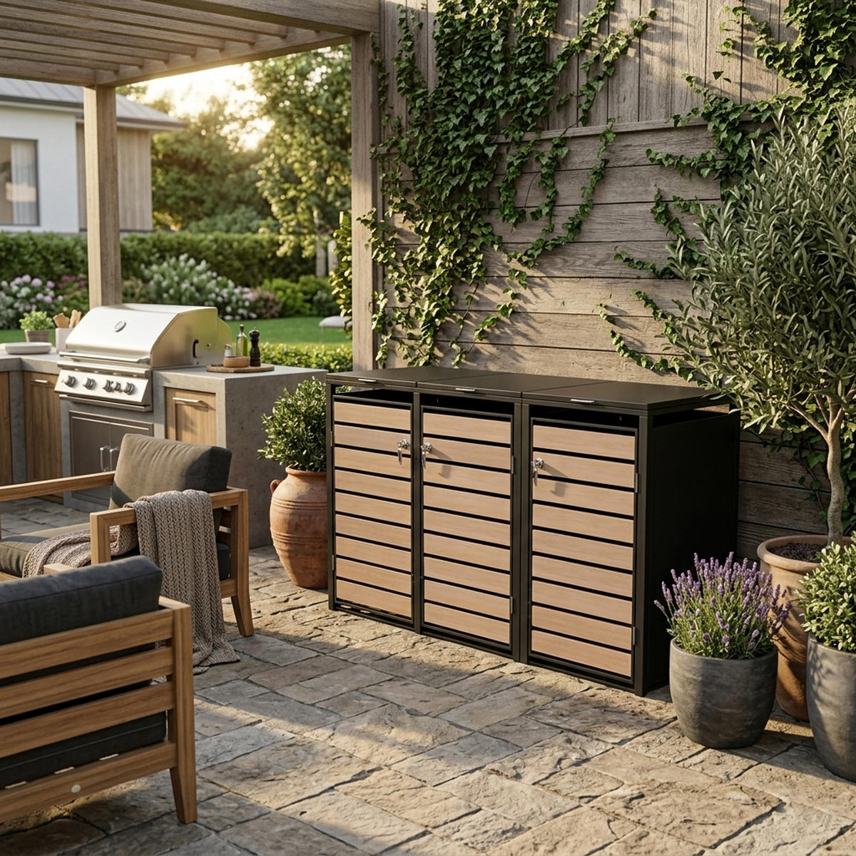 MÜLLTONNENVERKLEIDUNG Liverpool - Mülltonnenbox für 3 - in Holzoptik - , Stahl pulverbeschichtet verzinkt, anthrazit - Grau, Metall (198/116/80cm) - TPFGarden