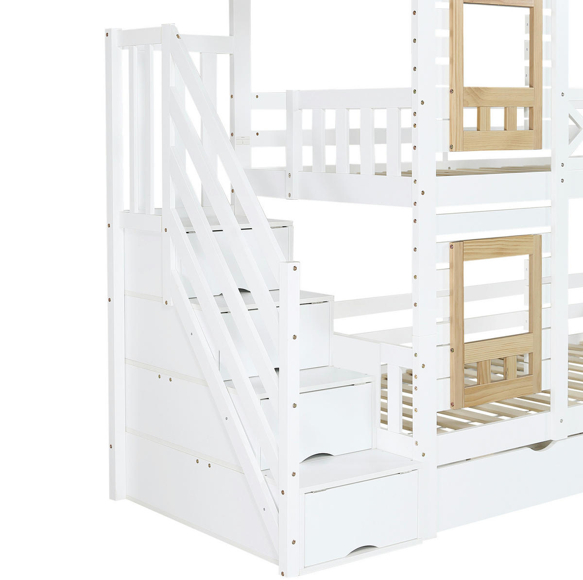 ETAGENBETT 90/200 cm Weiß/Natur mit Stauraumtreppe, Schubladen, ohne Matratze - Weiß, Holz (90/200cm) - MIVRAY