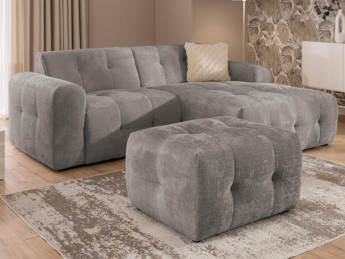 ECKSOFA inkl. Hocker Kozy im Bumpy-Design mit Schlaffunktion und fester Rückenlehne aus weichem Taupe Chenille-Stoff - Ottomane rechts - Taupe/Schwarz, Holz/Kunststoff (234/161cm) - S-Style Möbel