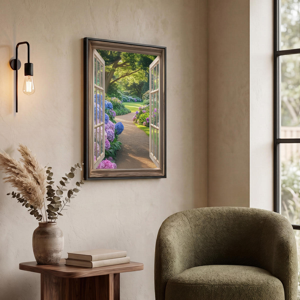 LEINWAND Bilder mit Rahmen - Aussicht - Garten - Fenster - Hortensie - Blumen - 50x70 - Pastellblau, Textil (50/70cm) - MuchoWow