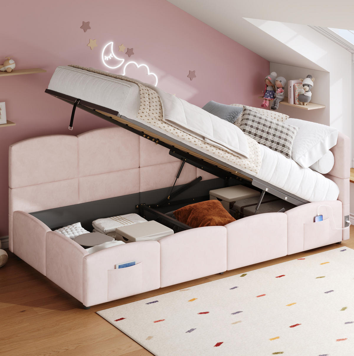 POLSTERBETT 90/200 cm rosa aus Samt mit Bettkasten - Rosa, Textil - OKMYHOME