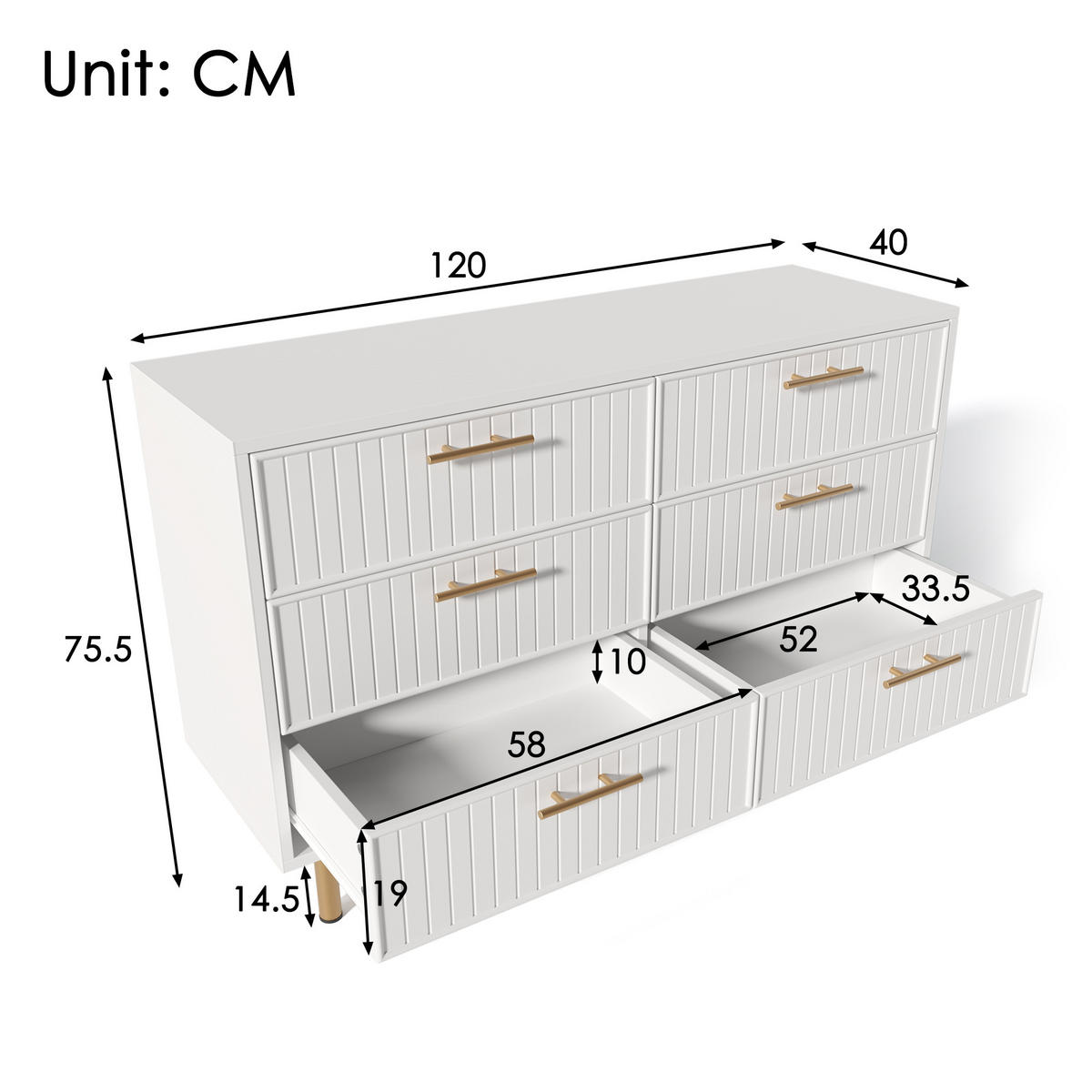 SIDEBOARD holzwerkstoff weiß mit geriffelter front & 6 schubladen - Weiß, Holzwerkstoff (120/40/75cm) - Urban Meuble