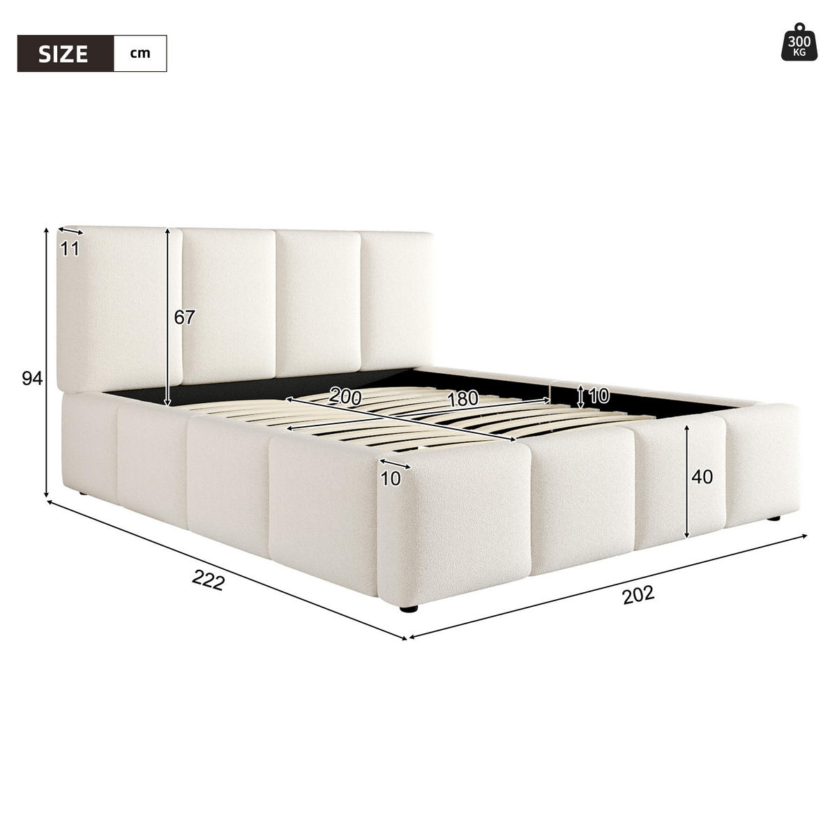POLSTERBETT 180/200 cm Beige aus Bouclé mit Lattenrost und Kopfteil - Beige, Textil (180/200cm) - OKWISH