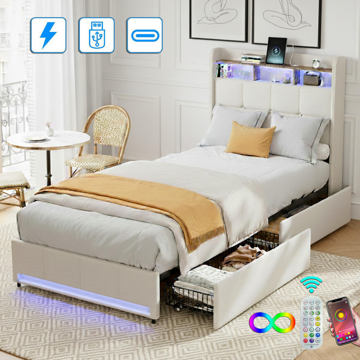 BETT 90x200 cm mit Schubladen, Kopfteil mit Stauraum und LED-Beleuchtung, USB- und Typ-C-Anschlüsse, Leinenstoff, Lattenrost - Beige - Beige, Holzwerkstoff (90/200cm) - Brevoria