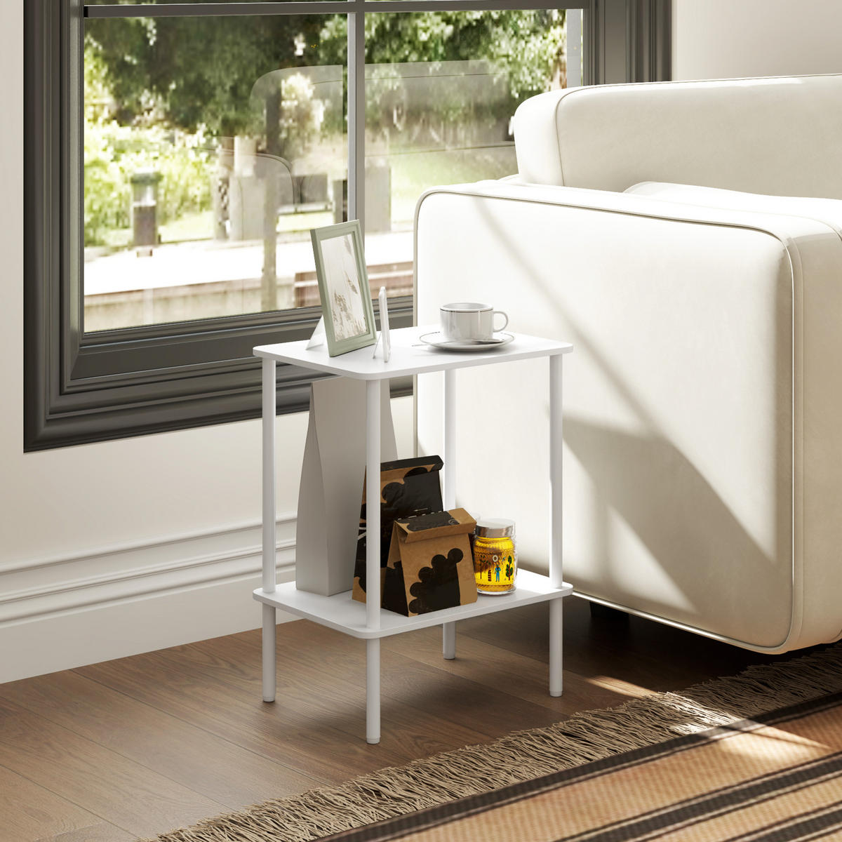 BEISTELLTISCH, 2-stufiger Couchtisch mit Aufbewahrungsfach und Metallrahmen, Weiß - Weiß, Holzwerkstoff (40/30/52.2cm) - HOMCOM