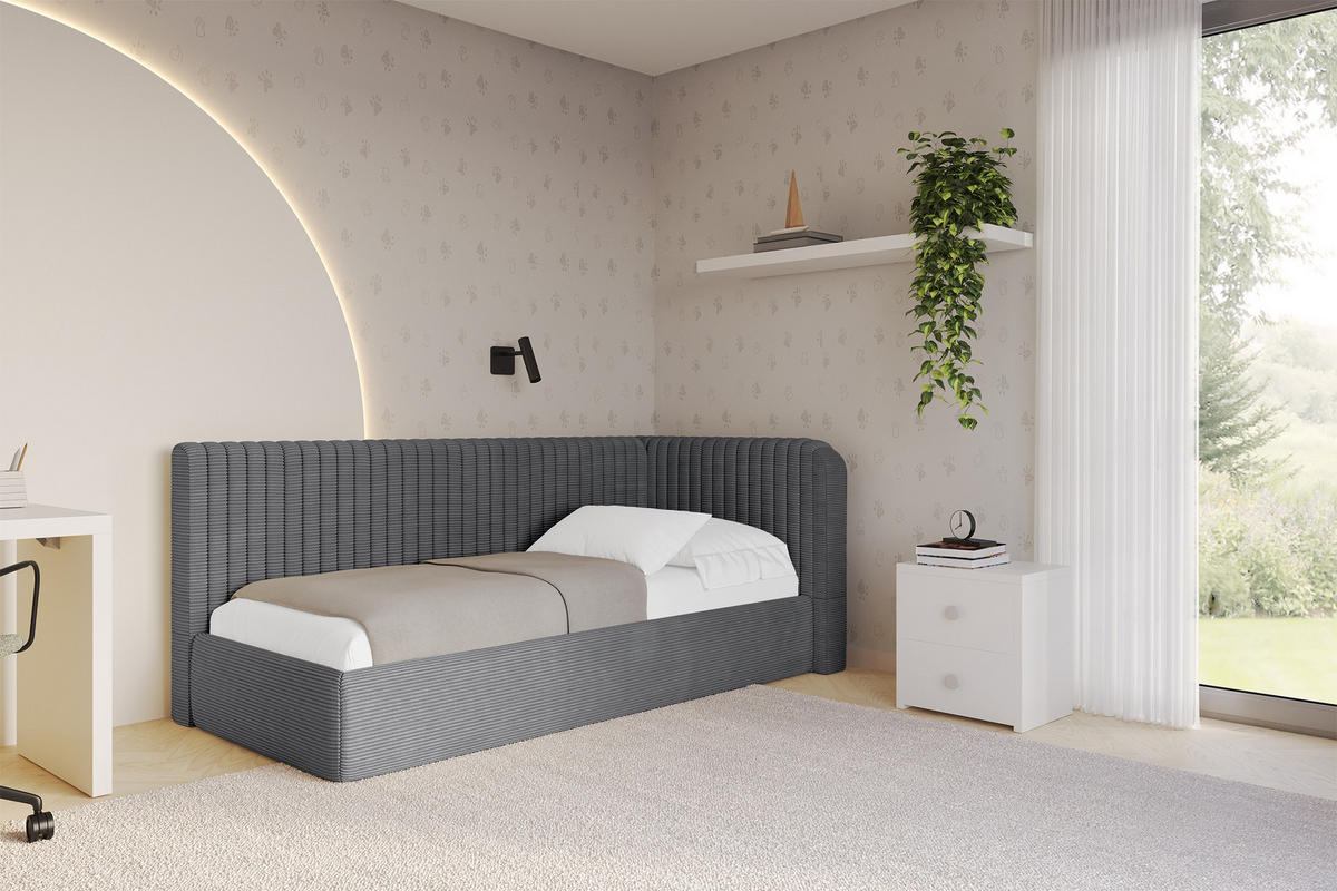 EINZELLBETT Jugendbett mit Bettkasten, Links - AURY 100x200 Dunkelgrau - Graphitfarben, Holzwerkstoff/Textil (100/200cm) - ALTDECOR