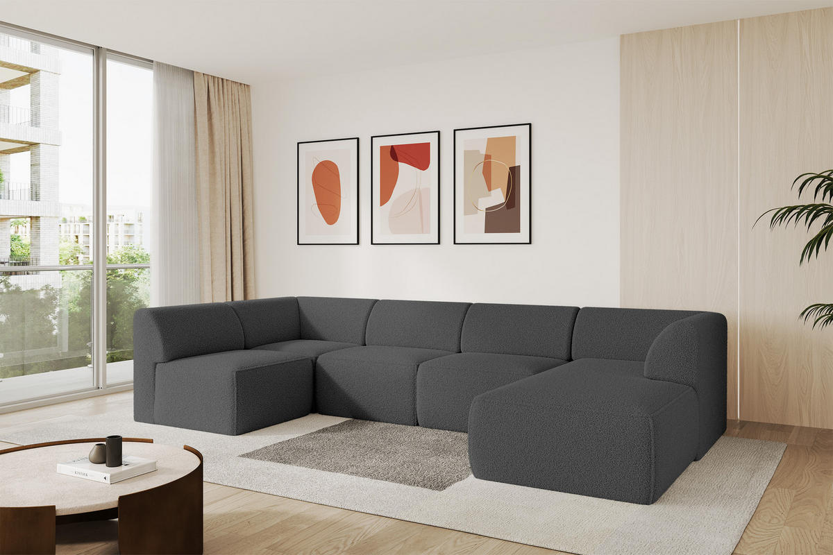 WOHNLANDSCHAFT Ottomane Rechts MOVO-L 345x180x78 cm Grau Bouclé - Chromfarben, Holzwerkstoff/Kunststoff (180/78/345cm) - ALTDECOR