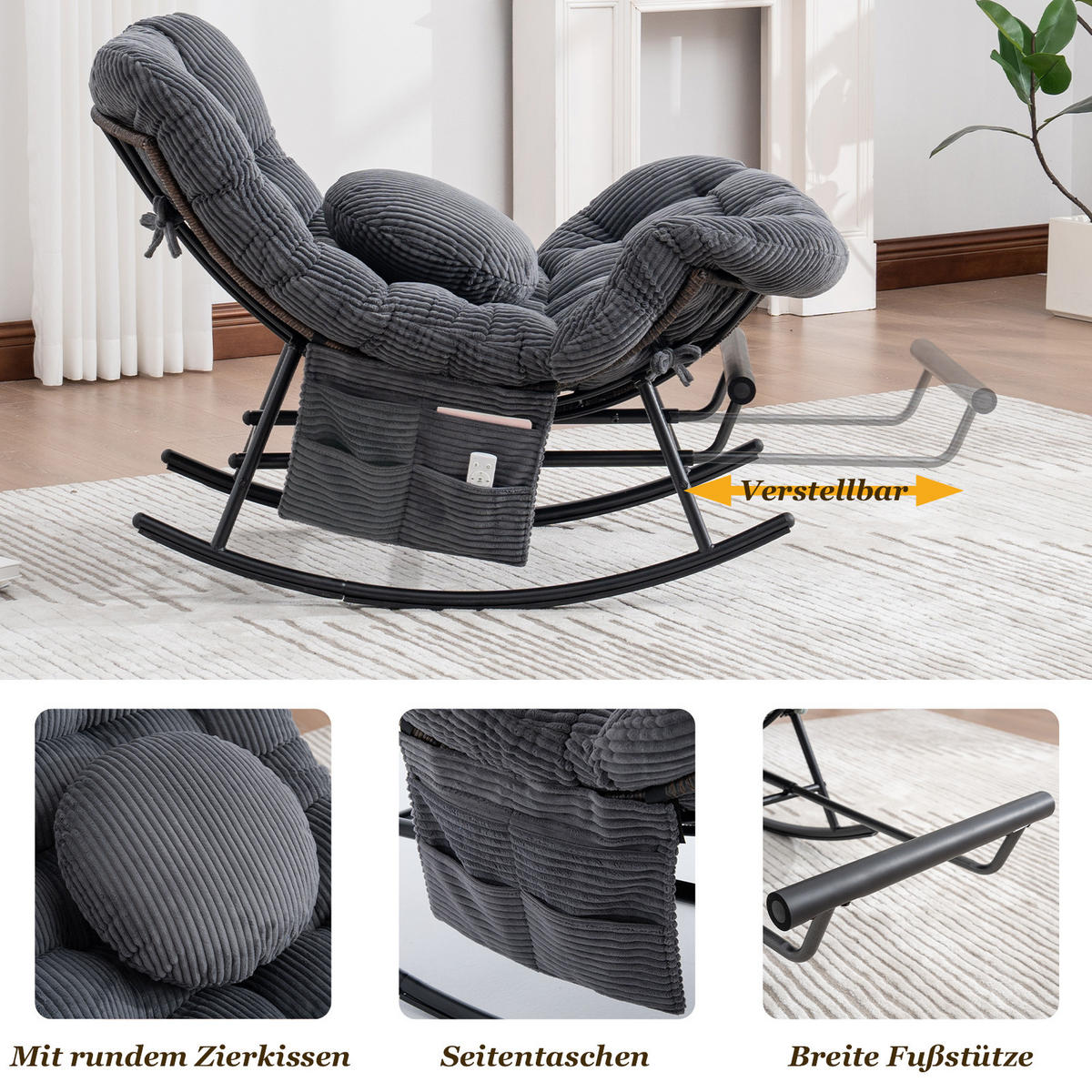 SCHAUKELSTUHL mit Fußstütze, Schaukelsessel XXL Rattanstuhl mit Kissen, Cord, Dunkelgrau - Dunkelgrau, Textil (90/78/150cm) - LVHOM