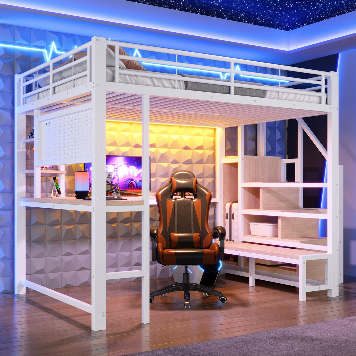 HOCHBETT 140/200 cm Weiß mit Schreibtisch, trapezförmiger Schrank und LED-Beleuchtung - Weiß, Metall (140/200cm) - Oxeza