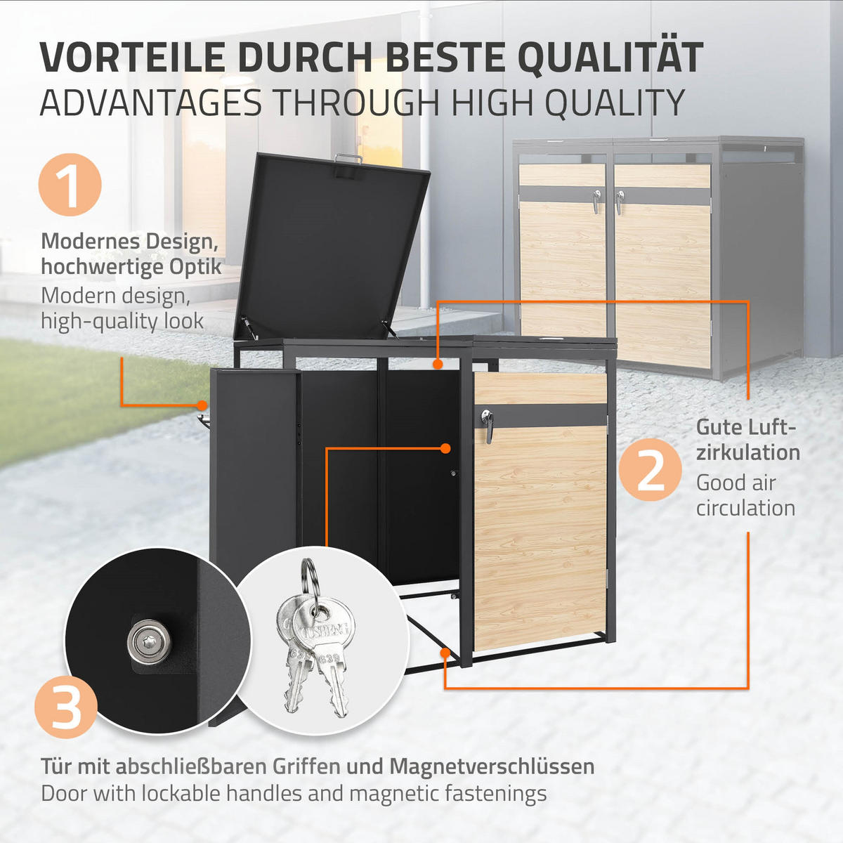 MÜLLTONNENBOX 3er Anthrazit-Lärchenoptik - Hellbraun, Metall (200/120/80cm) - ML-DESIGN