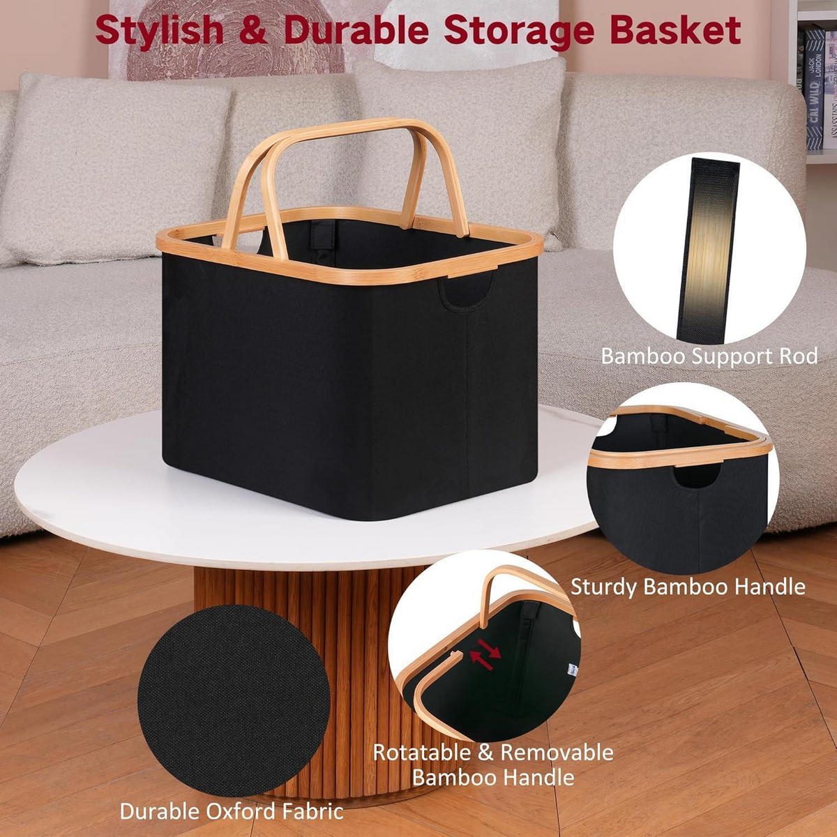 WÄSCHEKORB faltbar Bambus Stoff Schwarz 43L - Schwarz, Naturmaterialien (33/30/44cm)