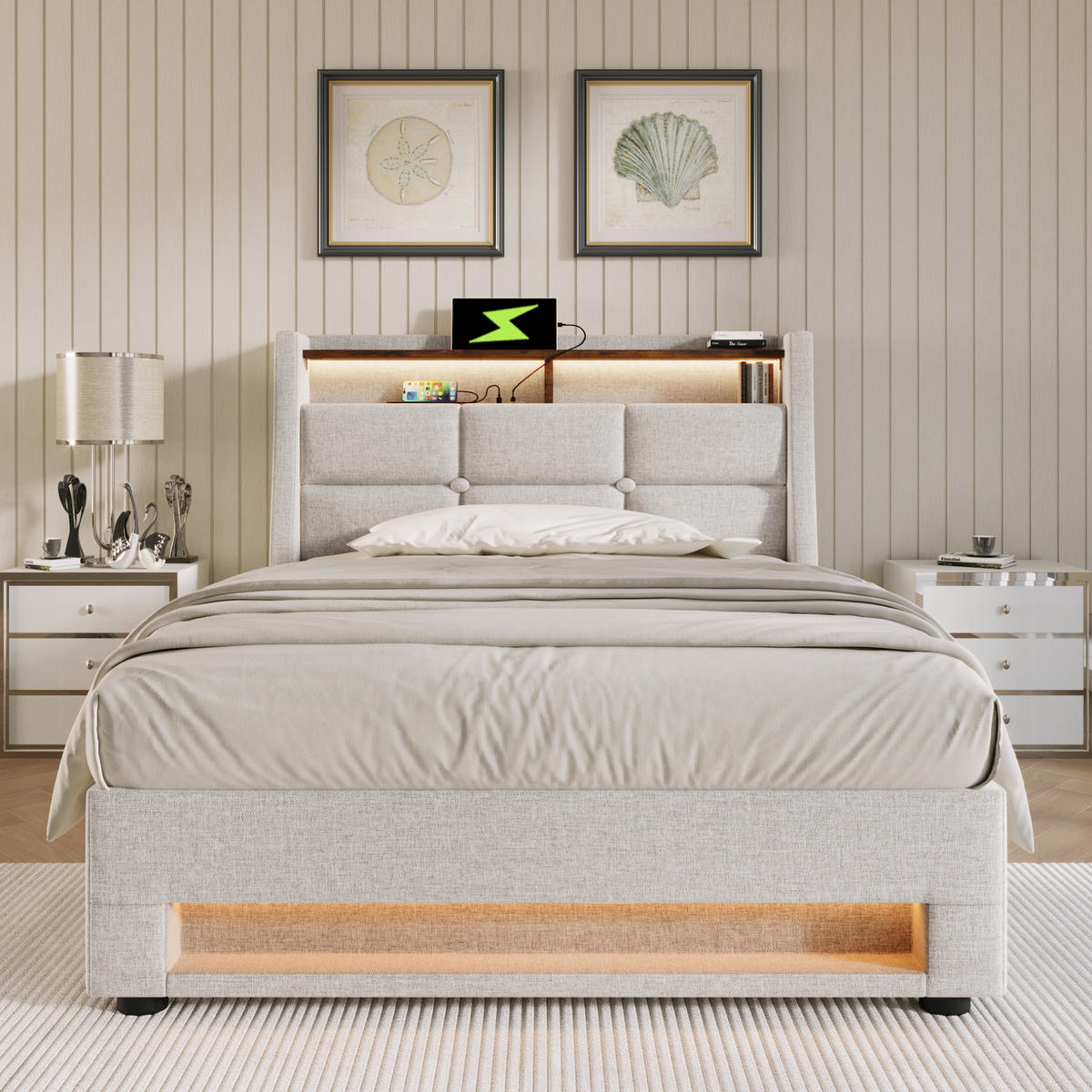POLSTERBETT 90/200 cm Beige mit USB-Anschluss und LED-Beleuchtung Mit Matratze - Beige, Textil (90/200cm) - OKWISH