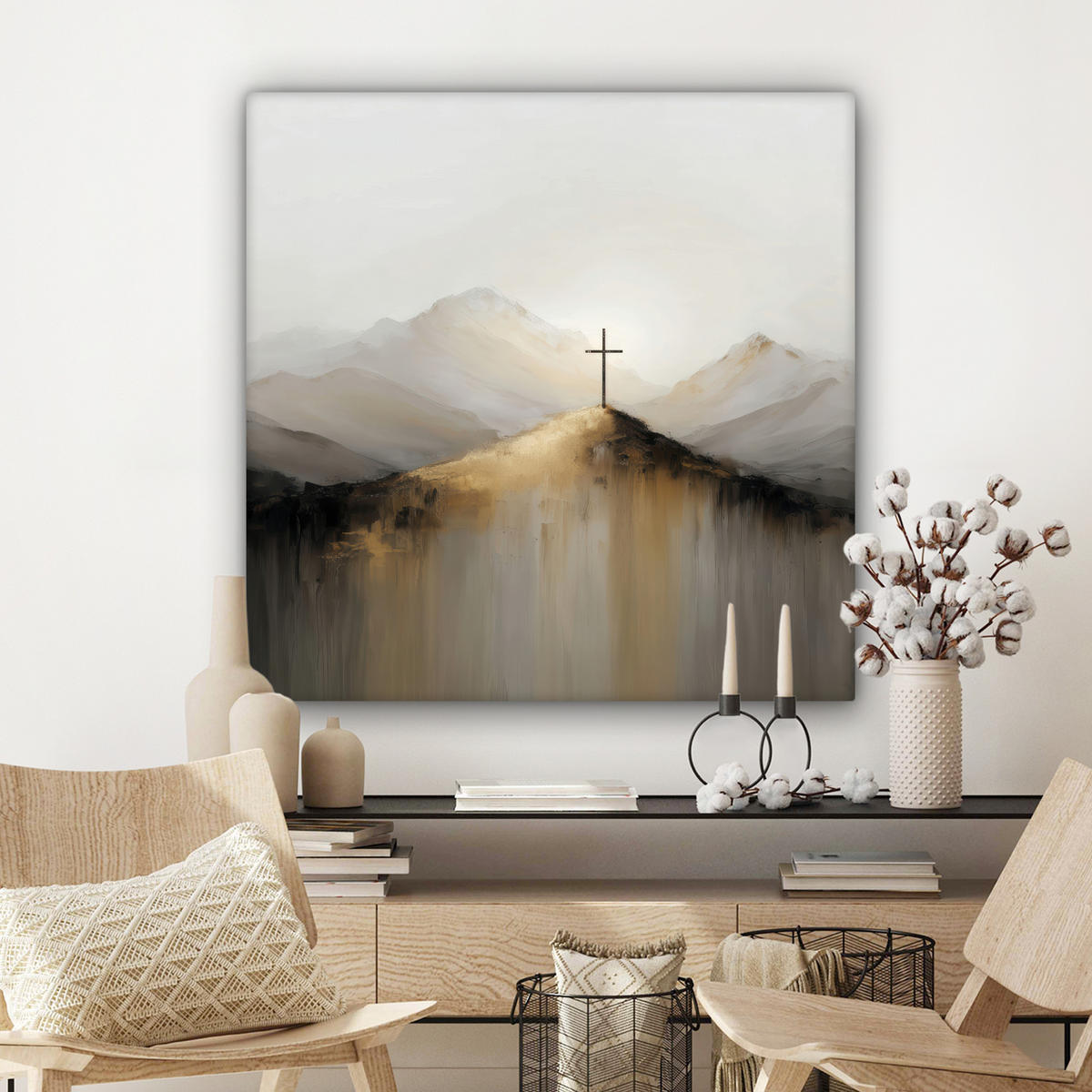 LEINWANDBILD Hügel - Abstrakt - Kreuz - Christentum Deko Groß 90x90 cm - Beige, Textil (90/90cm) - MuchoWow