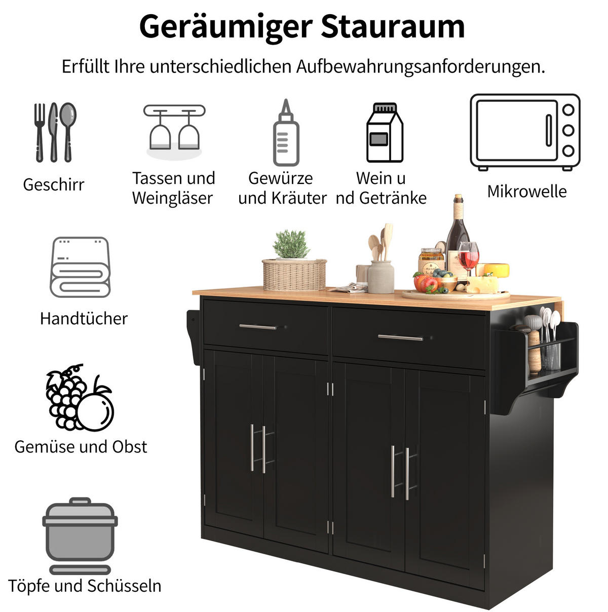 KÜCHENINSEL 120/91,5/46 cm Schwarz/Natur aus MDF mit klappbarer Tischplatte - Schwarz, Holzwerkstoff (71/91.5/120cm) - OKMYHOME