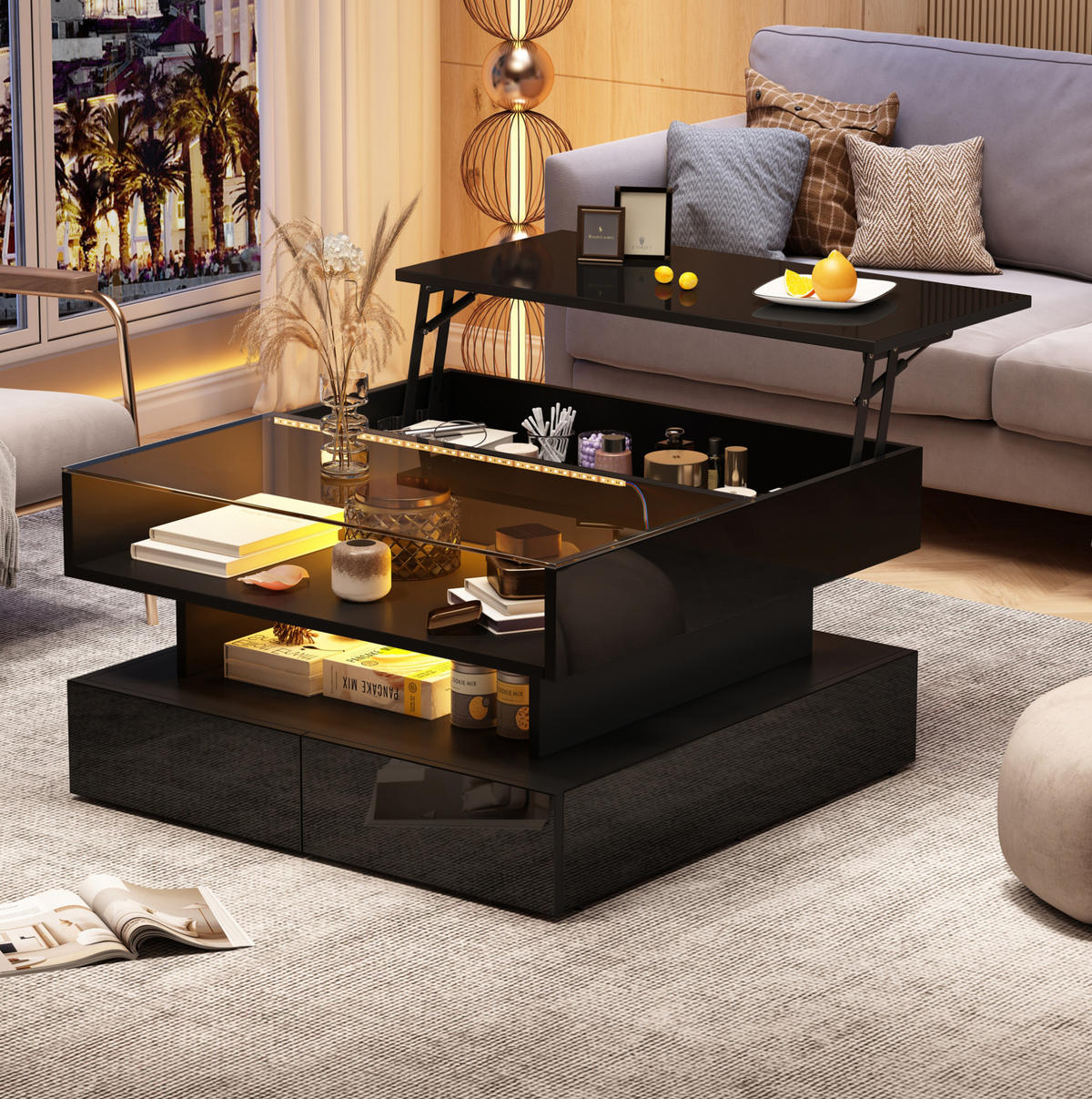 COUCHTISCH 80/80/45 cm schwarz aus Spanplatte und gehärtetem Glas mit Höhenverstellung, LED und Stauraum - Schwarz, Holzwerkstoff (80/80/45cm) - OKMYHOME
