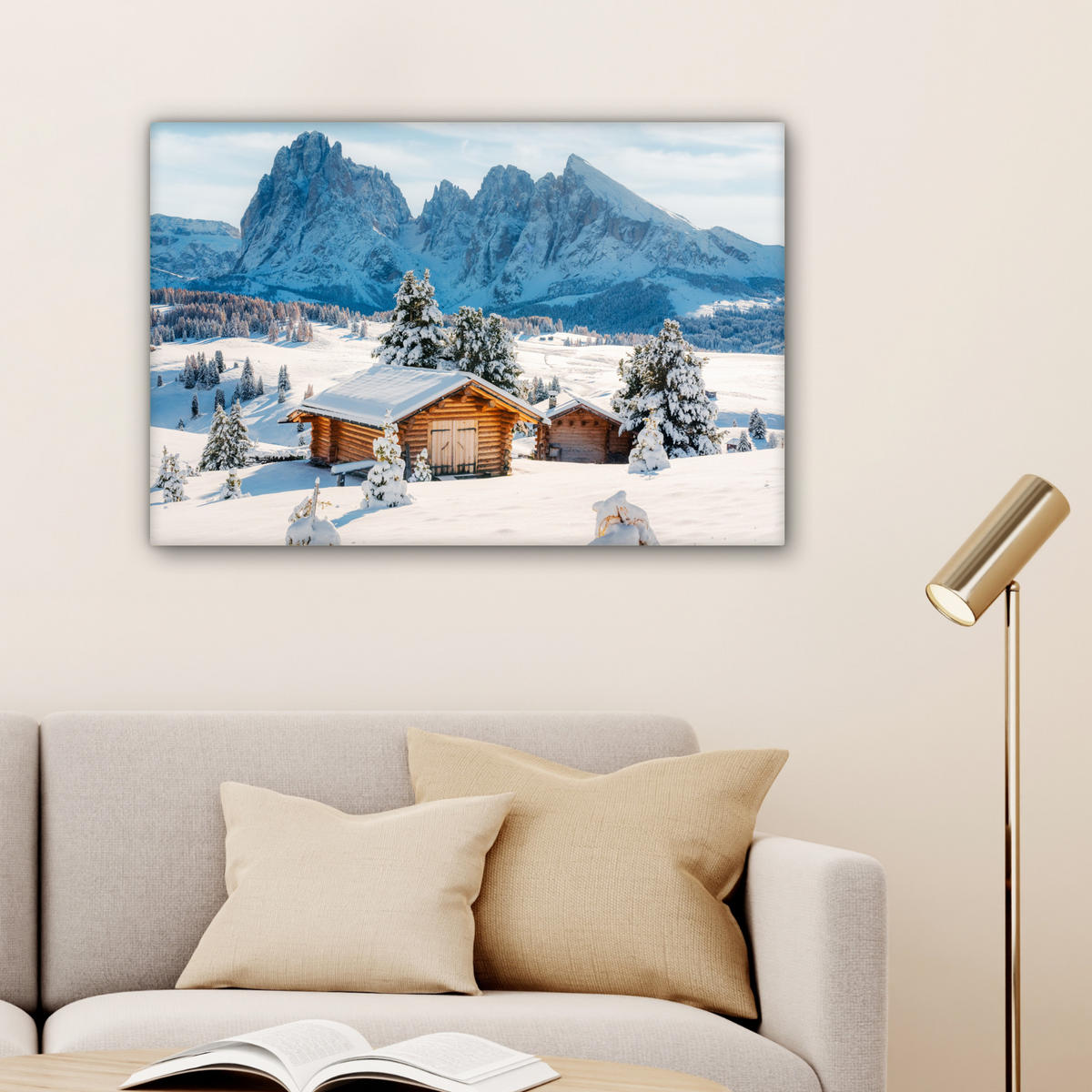 LEINWANDBILD Winter - Hütte - Berge - Aussicht - Schnee Gemälde 60x40 cm - Eichefarben, Textil (60/40cm) - MuchoWow