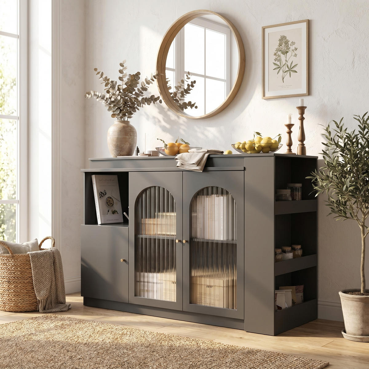 BARSCHRANK 360° drehbar & schwarz mit glastüren & flexiblem bartisch - Schwarz, Holzwerkstoff (40/120/97cm) - Urban Meuble