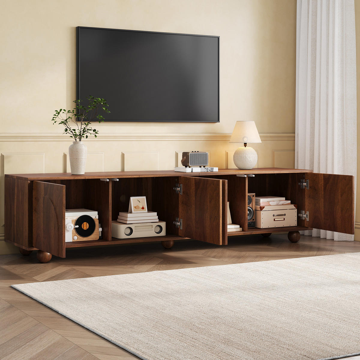 TV-RACK 180cm NussbaumHolzdekor RetroFernsehbank PushtoOpen - Walnussfarben, Holz (48.01/18.01/115.01cm) - Raelunyi