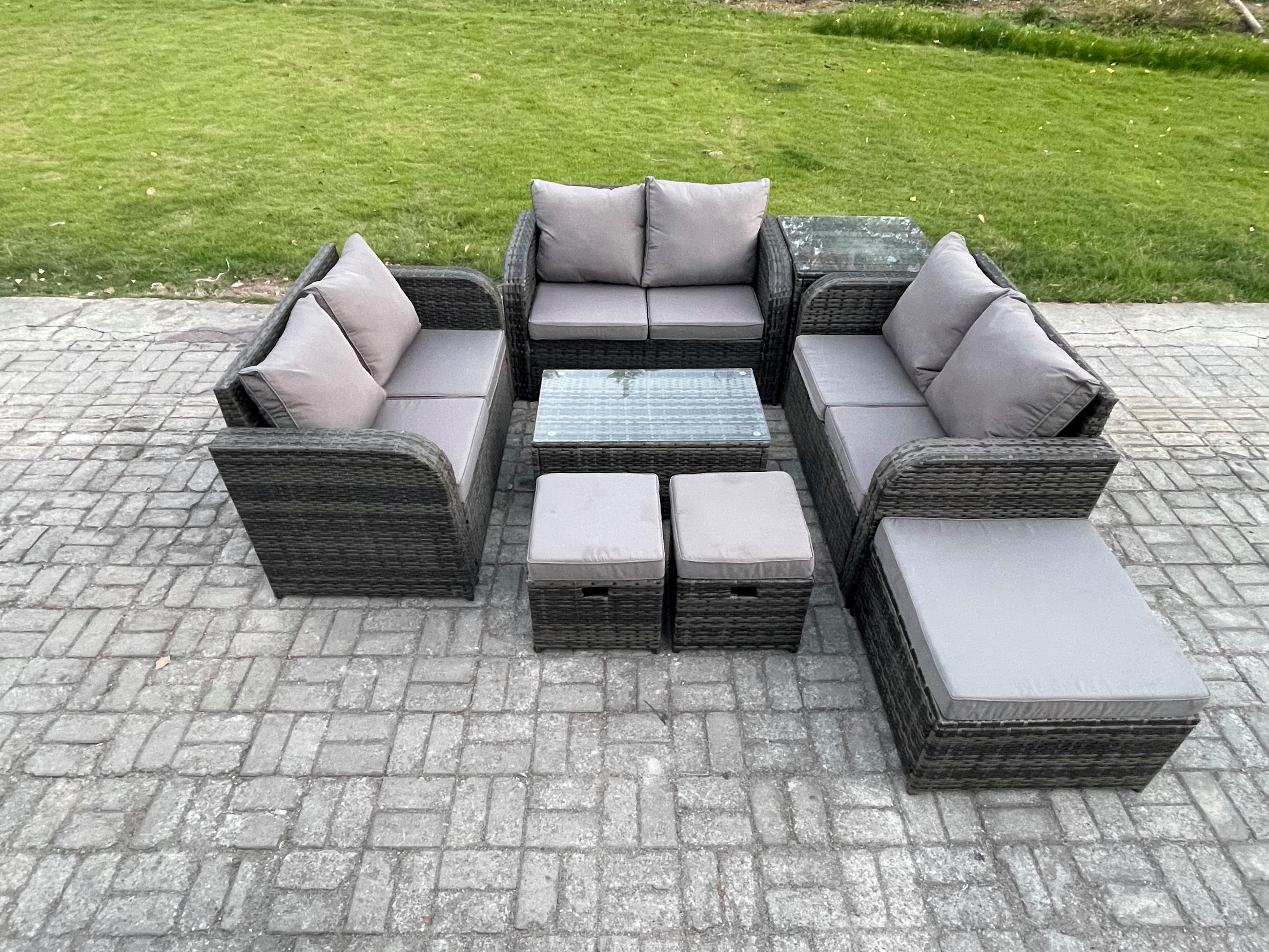 GARTENMÖBELGARNITUR mit KISSEN Polyrattan Dunkelgrau 9-Sitzer - Dunkelgrau/Grau, Glas/Kunststoff - Fimous