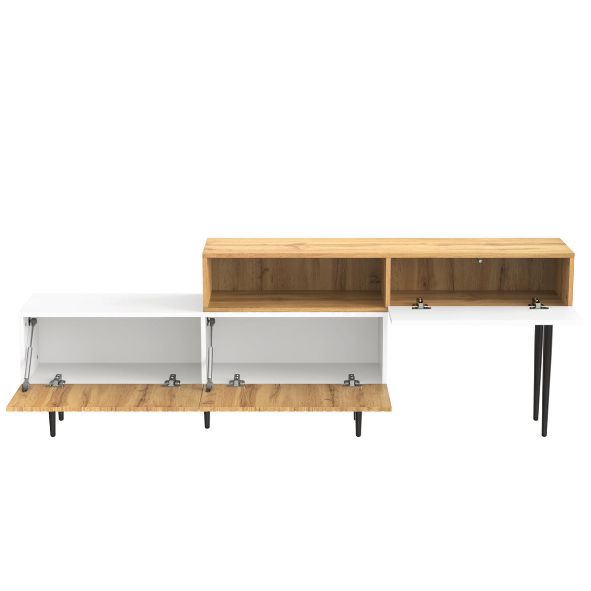 TV-SCHRANK aus MDF und Spanplatte 220x30x63,5 cm Weiß/Holzfarben mit modularem Design, Kabeldurchführung und Stauraum - Naturfarben, Holzwerkstoff (220/63.5/30cm) - Modfu