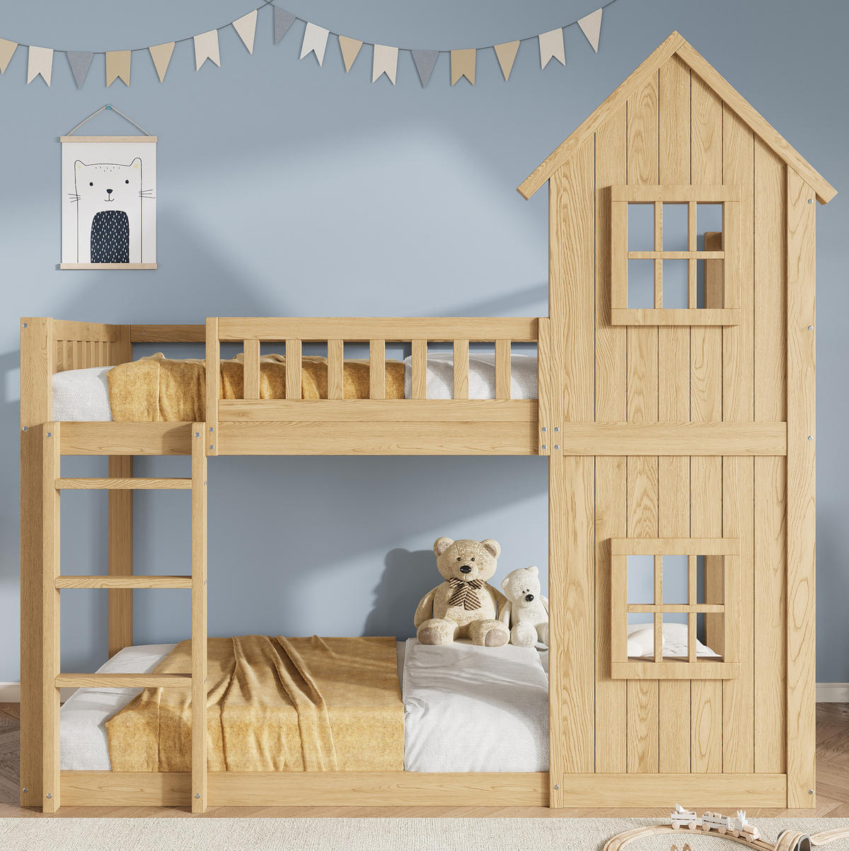 ETAGENBETT 90/200 cm aus Holz mit Treppe, Fenster, Natur - Naturfarben, Holz (90/200cm) - OKMYHOME