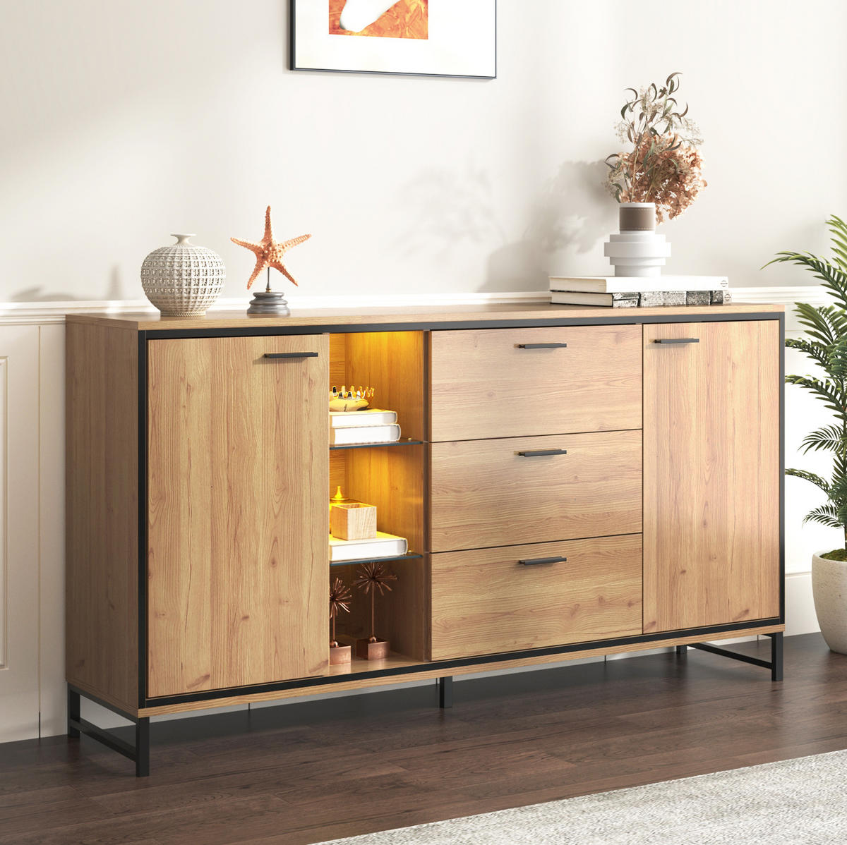 SIDEBOARD 160/40/85 cm mit 3 Schubladen, LED-Beleuchtung & Glas-Elementen - Naturfarben, Holzwerkstoff (160/85/40cm) - BEAOK
