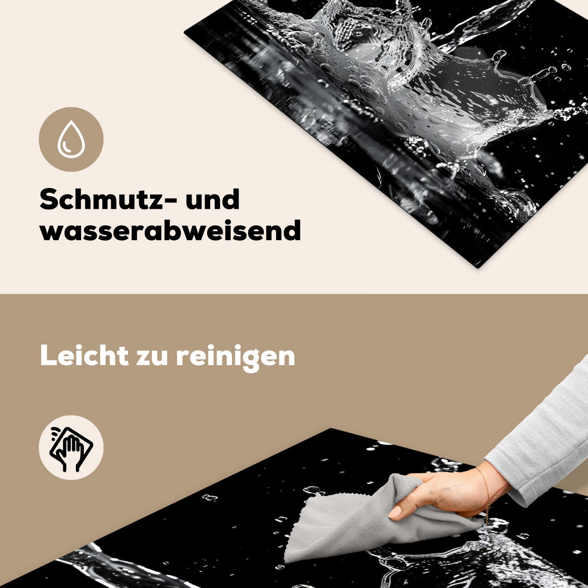 HERDABDECKPLATTE Wasser - Spritzwasser - Schwarz Herdabdeckung Induktionsfeld 75x52 cm - Schwarz, Kunststoff (75/52/0.2cm) - MuchoWow