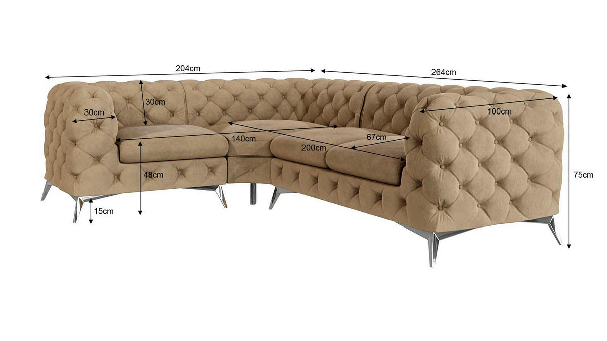 ECKSOFA Chesterfield Laura Beige Samt, Ottomane Links - Beige/Silberfarben, Holz/Textil (264/204cm) - S-Style Möbel