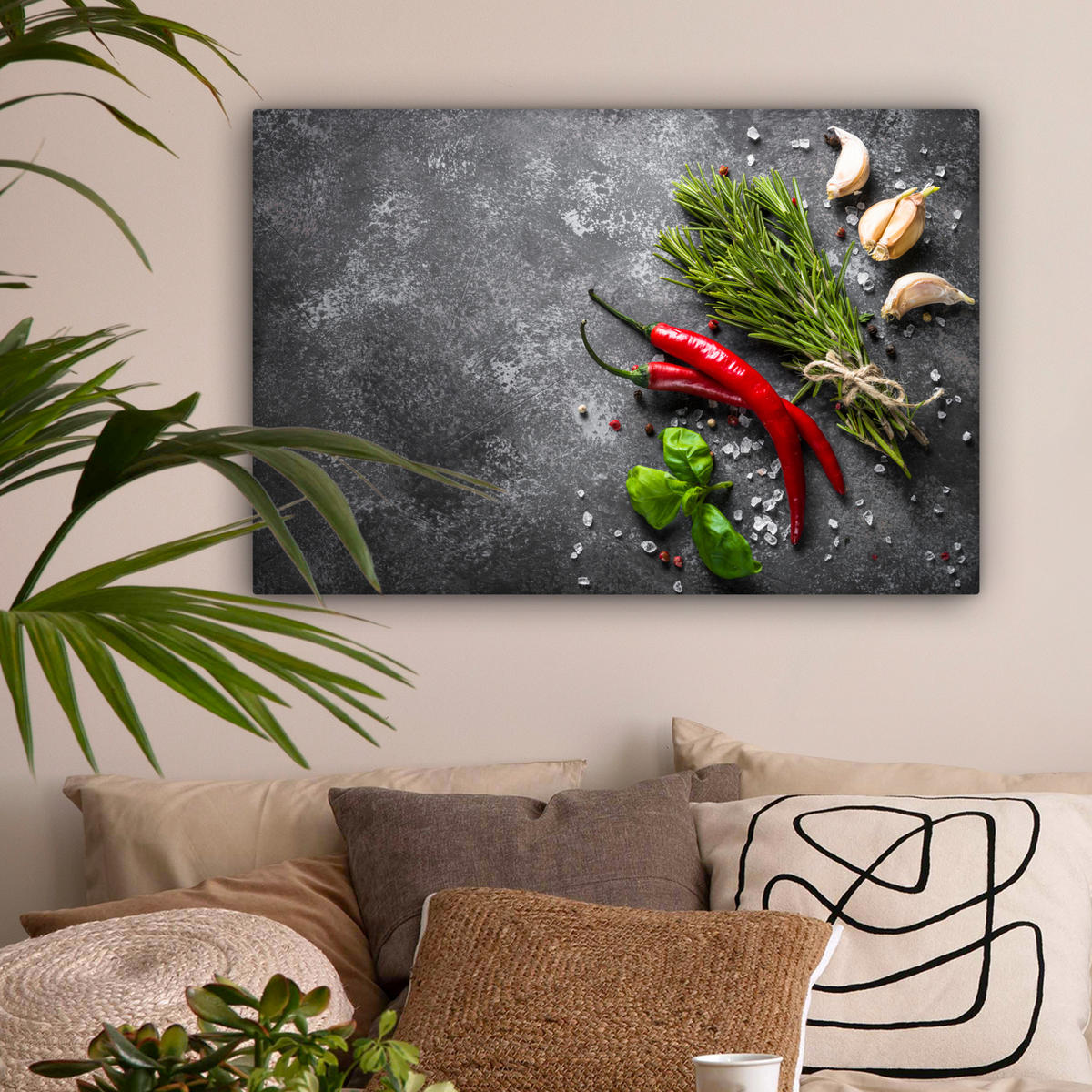 LEINWANDBILD Pfeffer - Kräuter - Gewürze - Beton Wanddeko 90x60 cm - Dunkelgrau, Textil (90/60cm) - MuchoWow