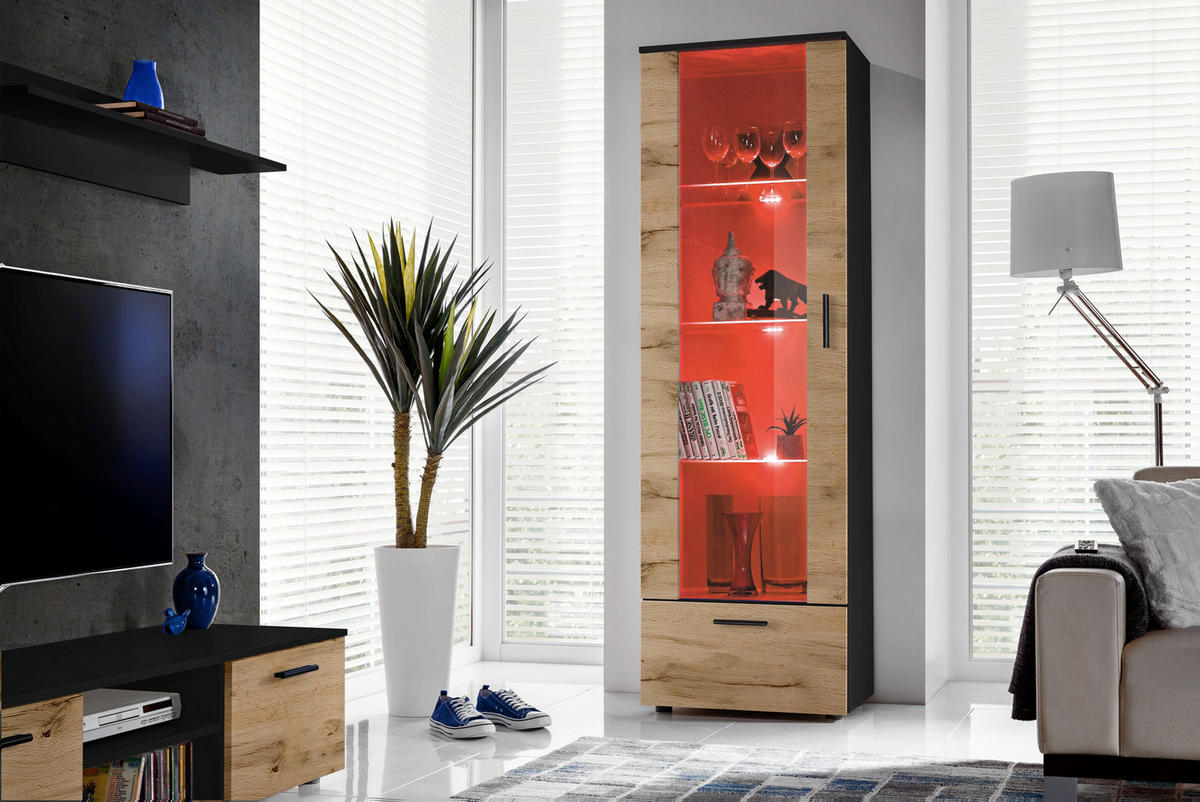 VITRINE ALESSANDRIA, Wotan, LED Mehrfarbige - Eiche Wotan/Schwarz, Glas/Holzwerkstoff (60/192/42cm) - Komodee