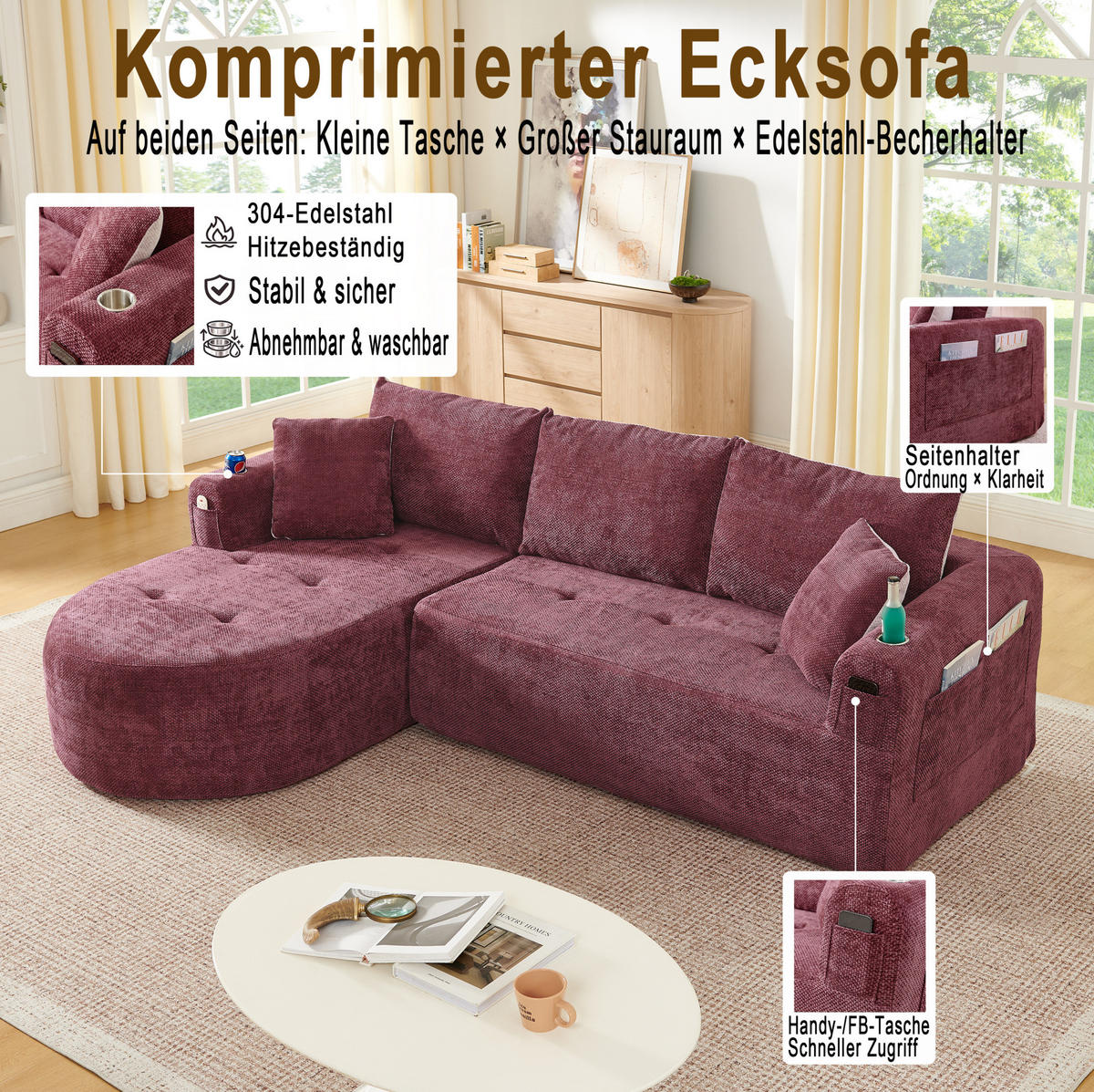 ECKSOFA in L-Form mit Edelstahl-Becherhalter, Seitentaschen und montagefreiem Design, Bordeauxrot - Bordeaux, Textil (255/170cm) - Redom