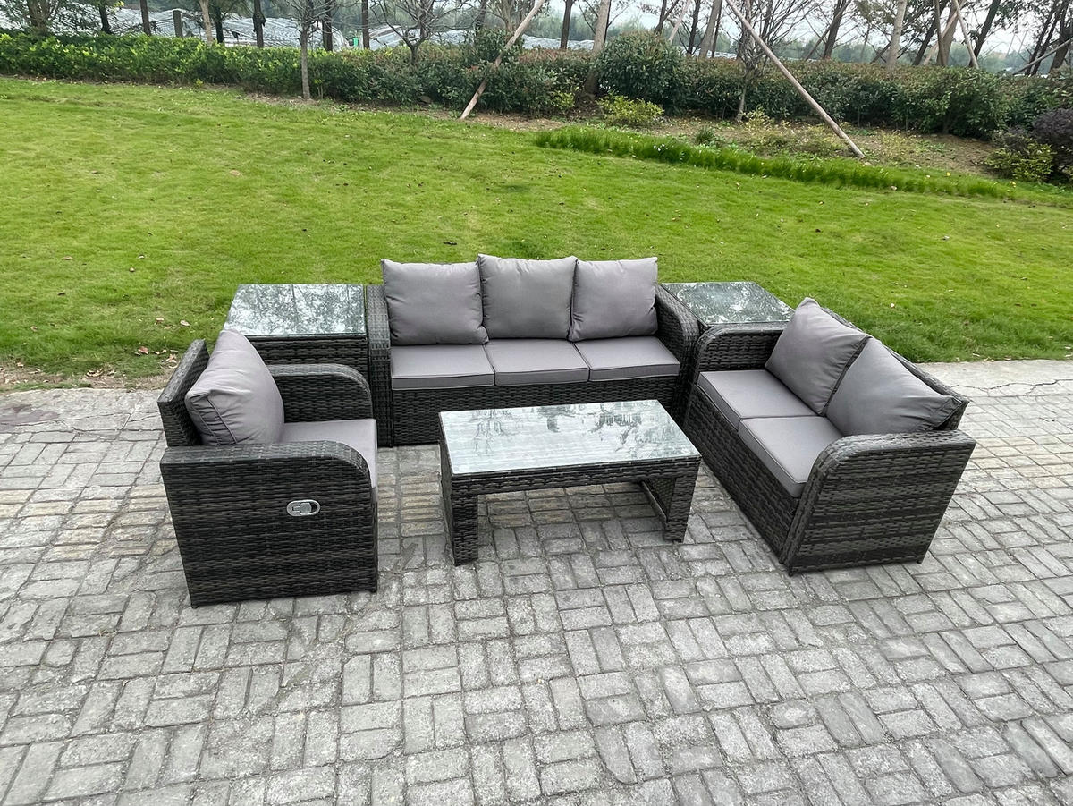 GARTENSOFA SET mit rechteckigem COUCHTISCH Polyrattan 6-Sitzer Dunkelgrau - Dunkelgrau/Grau, Glas/Kunststoff - Fimous