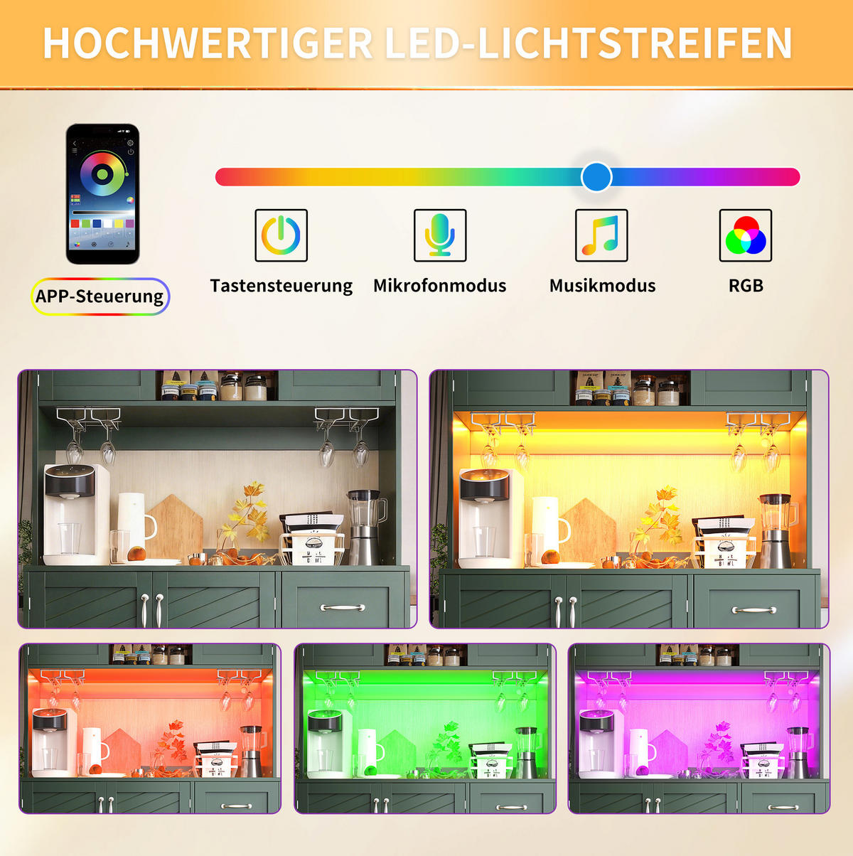 BUFFETSCHRANK 120/40/188 cm mit LED-Beleuchtung, 4 Türen, 2 Schubladen und Getränkehaltern, Grün - Grün, Holzwerkstoff (120/188/40cm) - Redom