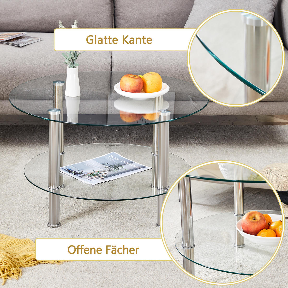 COUCHTISCH aus Glas und Metall Ø70/60x42 cm in Transparent mit 2 Ebenen - Transparent, Glas (70/70/42cm) - Modfu