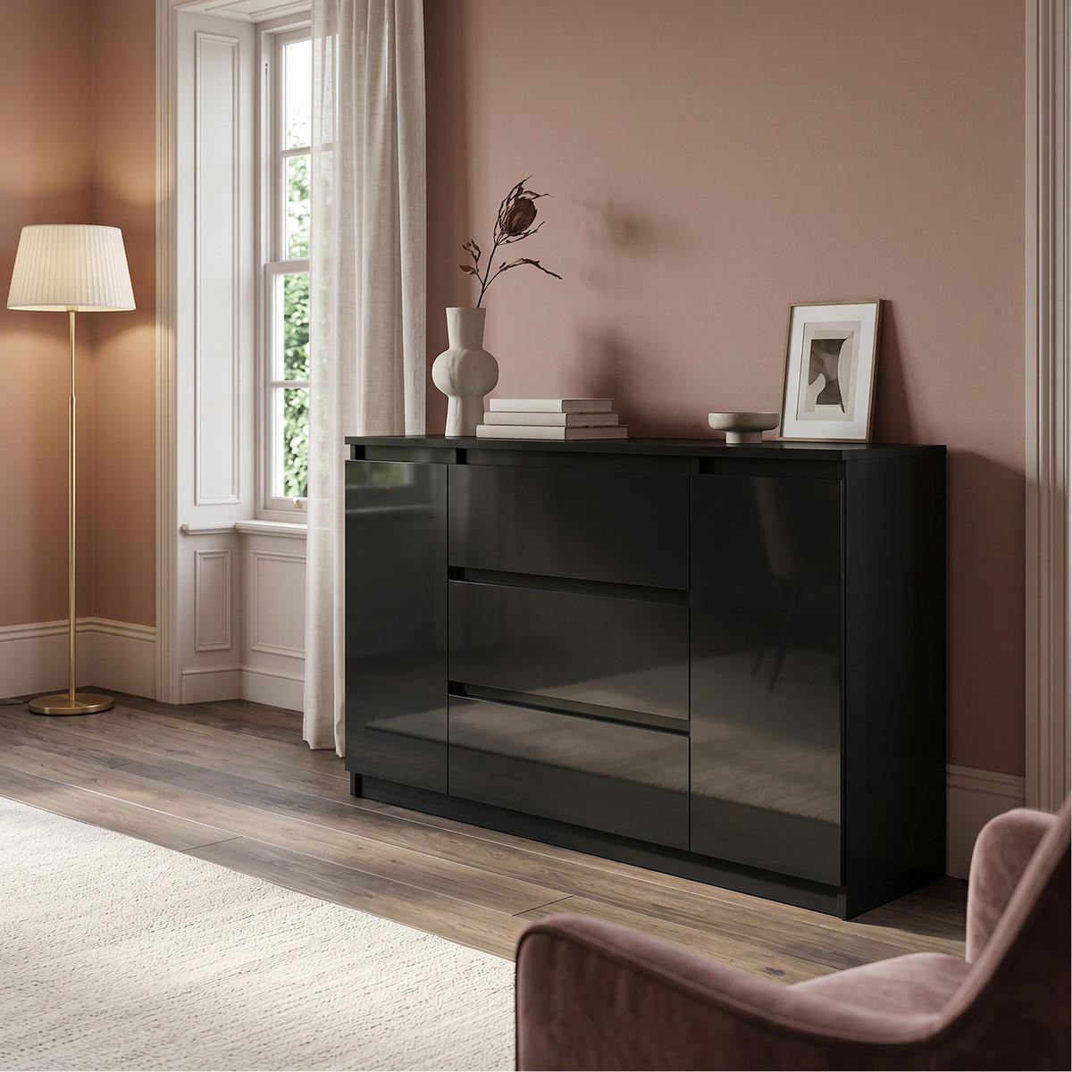 KOMMODE NUDO 120/78,5/39cm mit 3 Schubladen 2 Türen Schwarz - Schwarz Hochglanz/Schwarz, Holzwerkstoff (120/78.5/39cm) - MASSENO