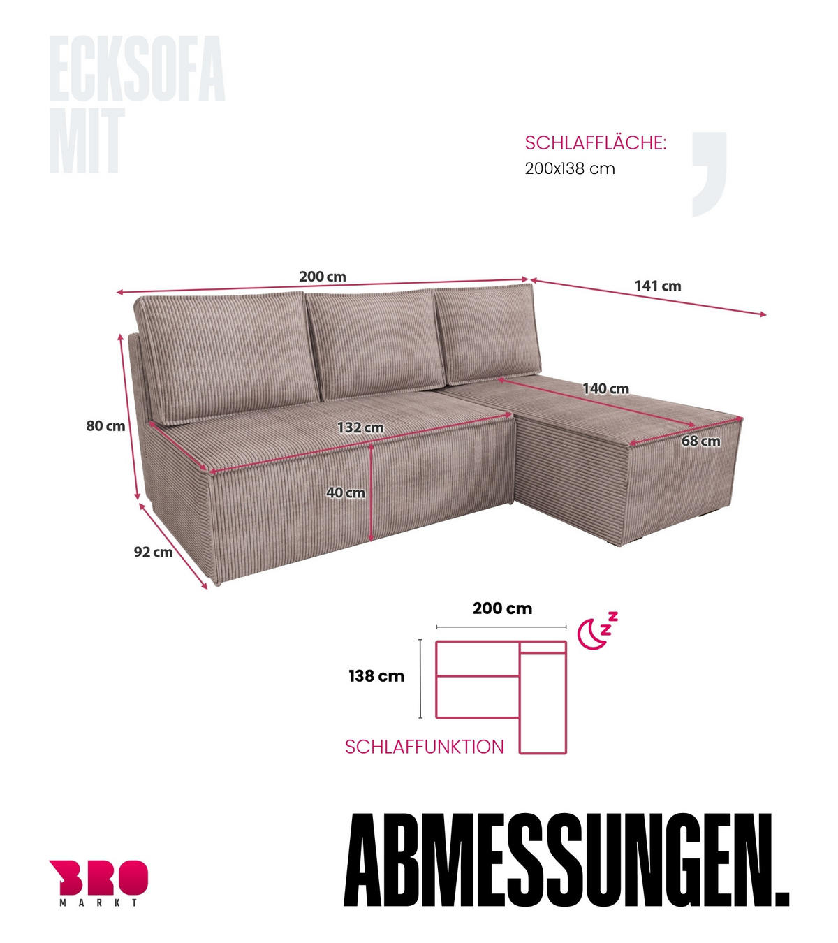 ECKSOFA Hector mit Schlaffunktion Puderrosa Cord - Rosa, Textil (200/141cm) - Bromarkt