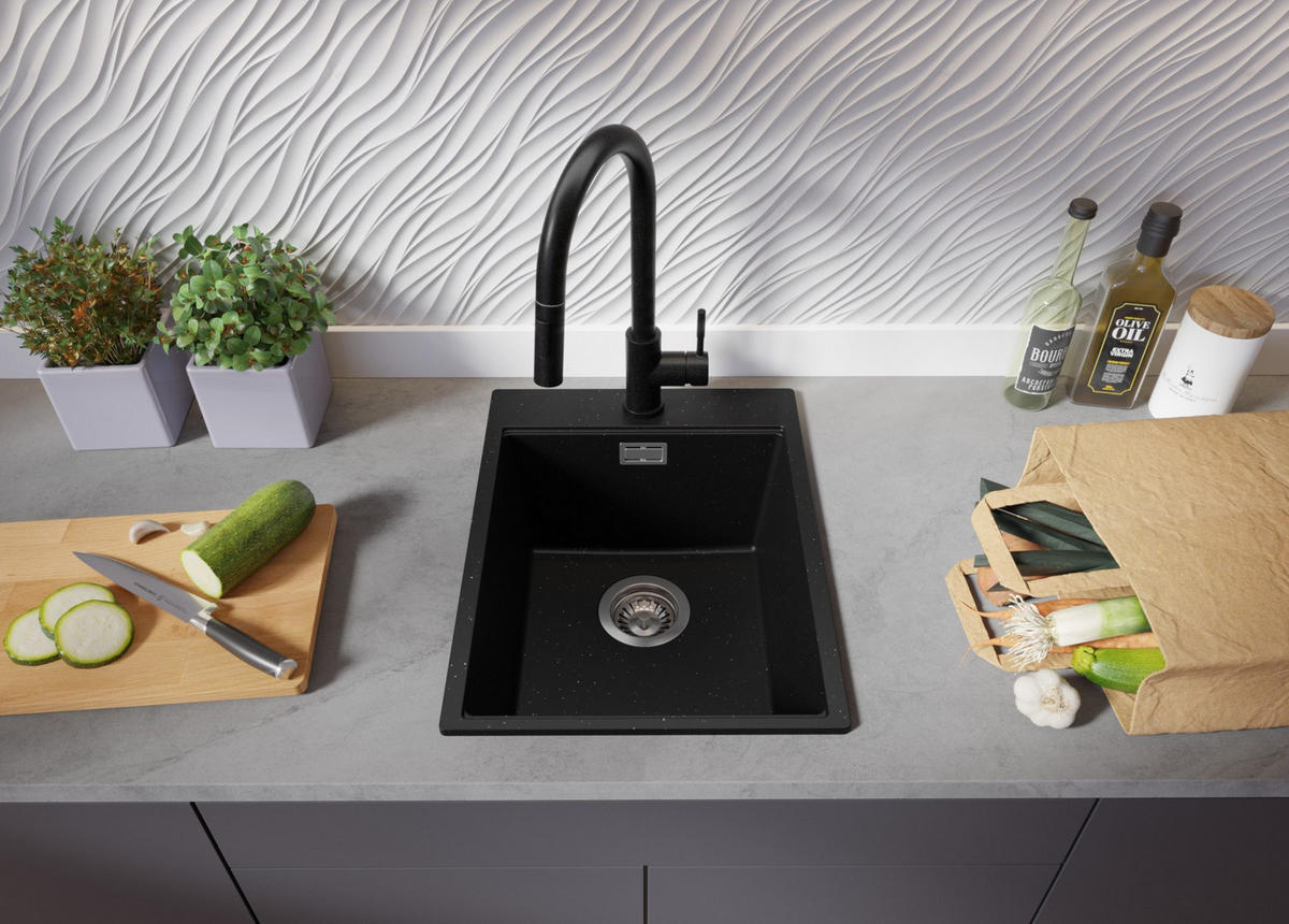 SPÜLBECKEN Oslo, 2-er set Schwarz Metallic 38/50 cm 1 Becken + Ablauf-Set + Schneidebrett ab 40er Unterschrank - Chromfarben/Schwarz Hochglanz, Kunststoff (38/20/50cm) - Primagran