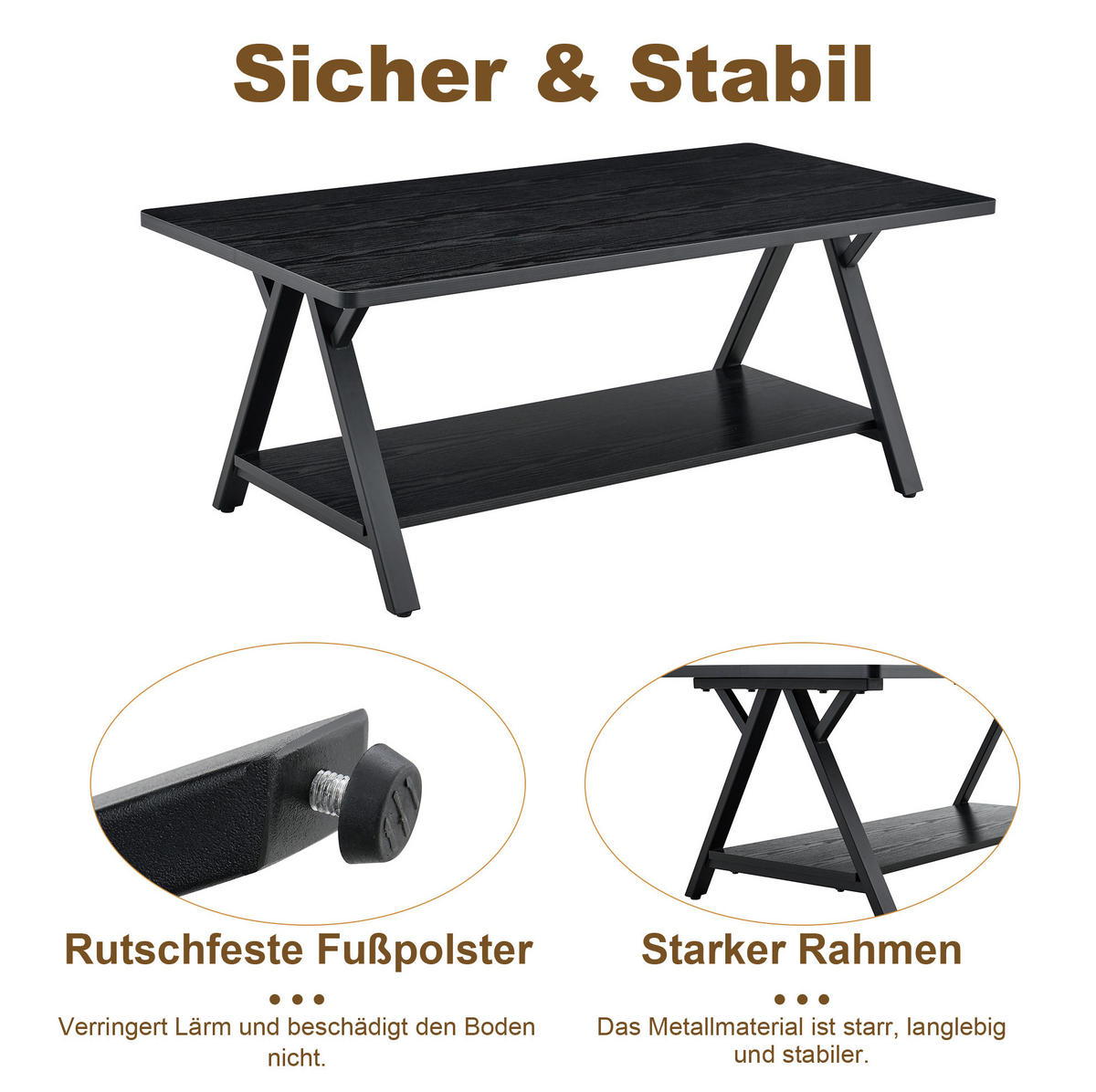KONFERENČNÍ stolek z MDF a kovu, 110/57/44,5 cm černý, s úložnou policí - černá, kompozitní dřevo (110/57/44.5cm) - BEAOK