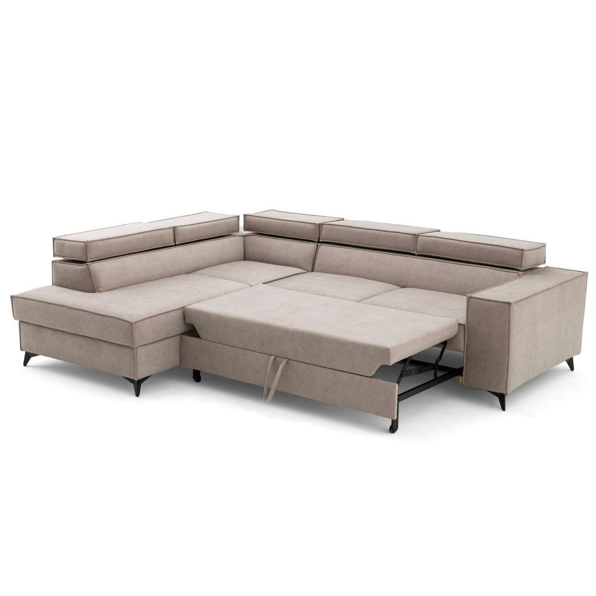 ECKSOFA PURE L Links mit Schlaffunktion 127x199 Velours Creme - Creme/Schwarz, Holz/Textil (281/204cm) - Muffo