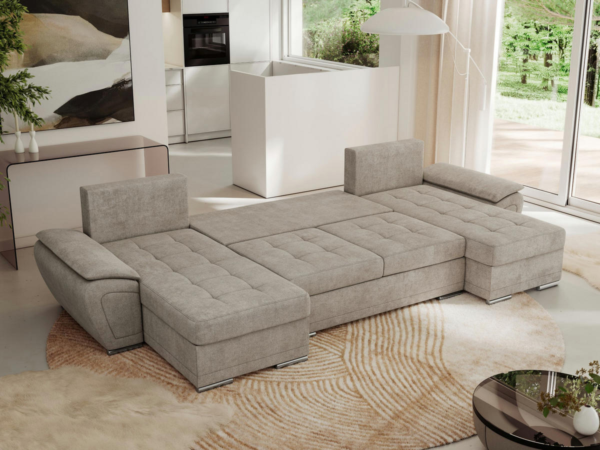 WOHNLANDSCHAFT UMBRIA U Beige Stukture - Beige/Grau, Textil/Metall (336/85/157cm) - MKS